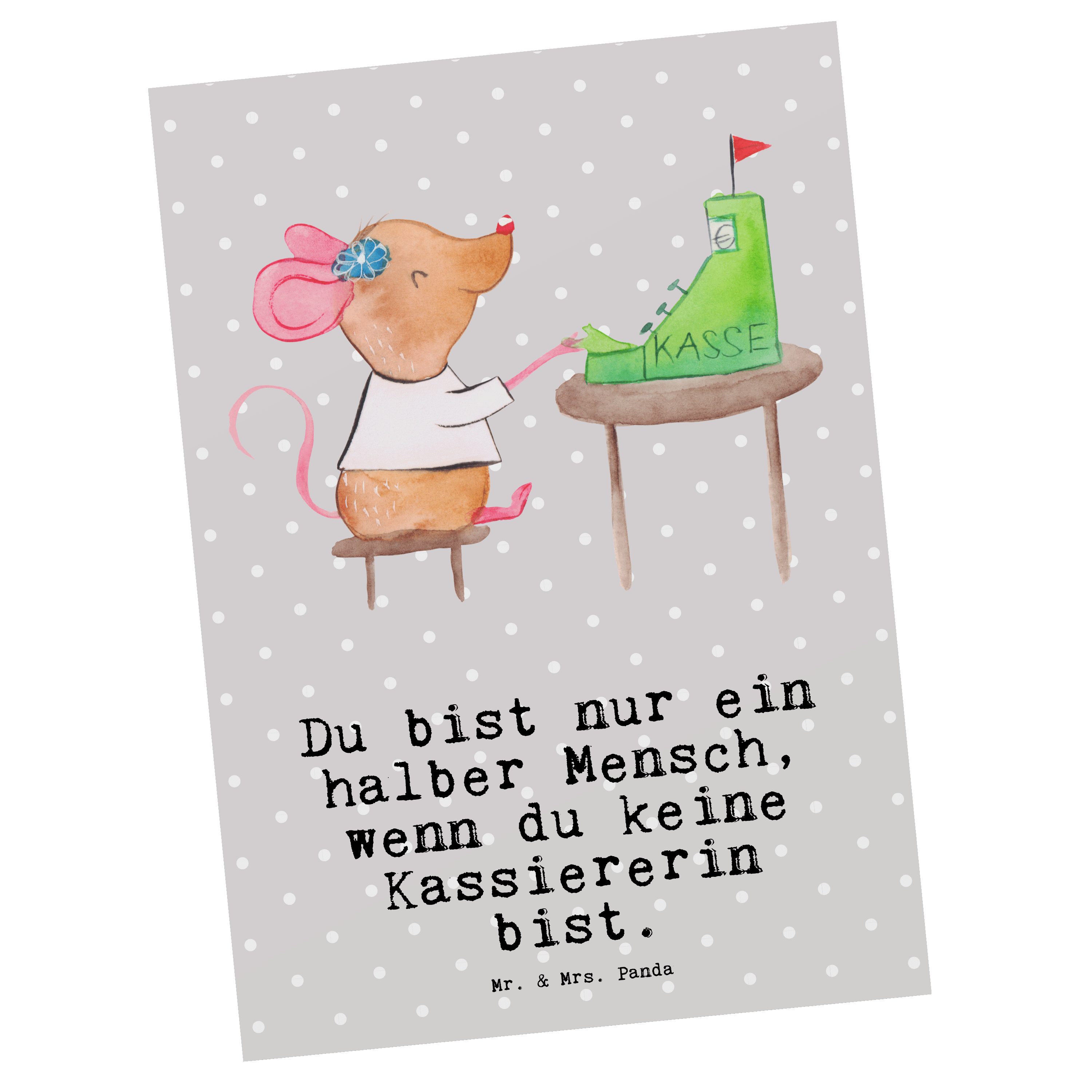 Mr. & Mrs. Panda Postkarte Kassiererin mit Herz - Grau Pastell - Geschenk, Arbeitskollege, Gebur