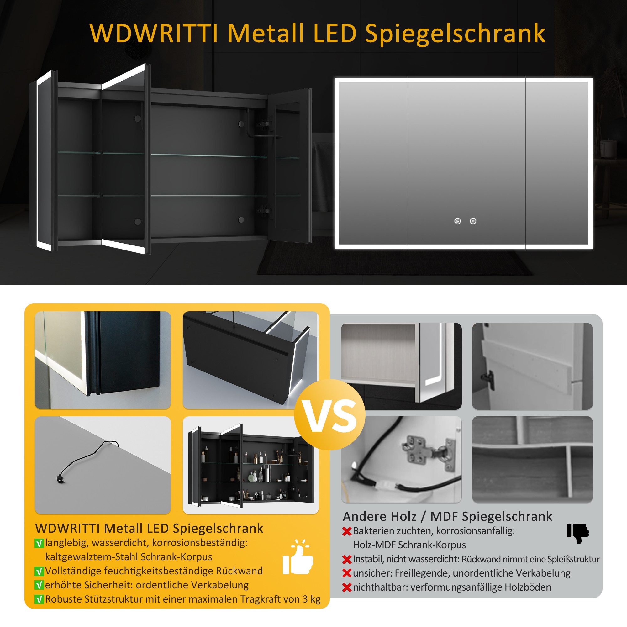 WDWRITTI Spiegelschrank 3türig 100x60x13,5cm Schwarz Metall Kalt/Neutral/Warmweiß Dimmbar (Badezimmerspiegelschrank mit LED Beleuchtung, Speicherfunktion, Anti-Fog, Doppel Spiegel) Aluschranktür, vormontiert geliefert, Netzadapter & Stromkabel