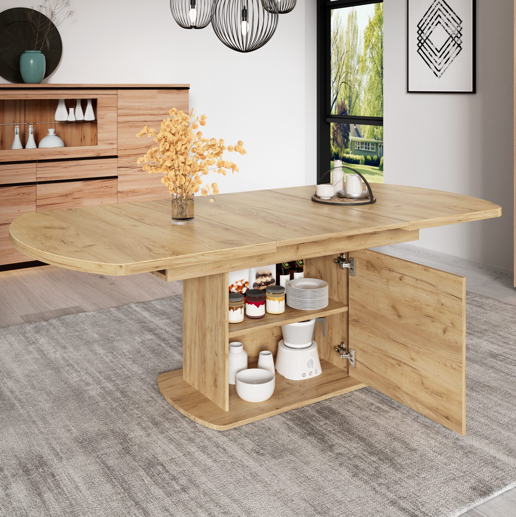 OKWISH Esstisch Ausziehbarer Tisch mit Stauraum & multifunktionalem Design (Packung, 1-St., Weiß+Silber, 140/200×80×75 cm, platzsparend), verstellbare Länge 140–200 cm, Aufbewahrungsschrank