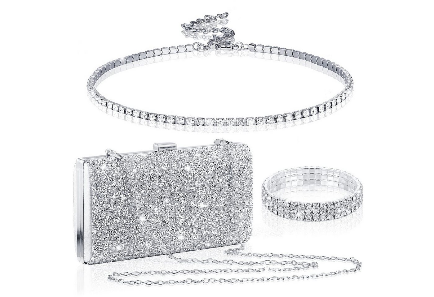 Cachito Schmuckset 3-teiliges Damen-Schmuckset, Hochzeitsschmuck-Set, Schmuckset mit Halskette, Armband und Abendtasche