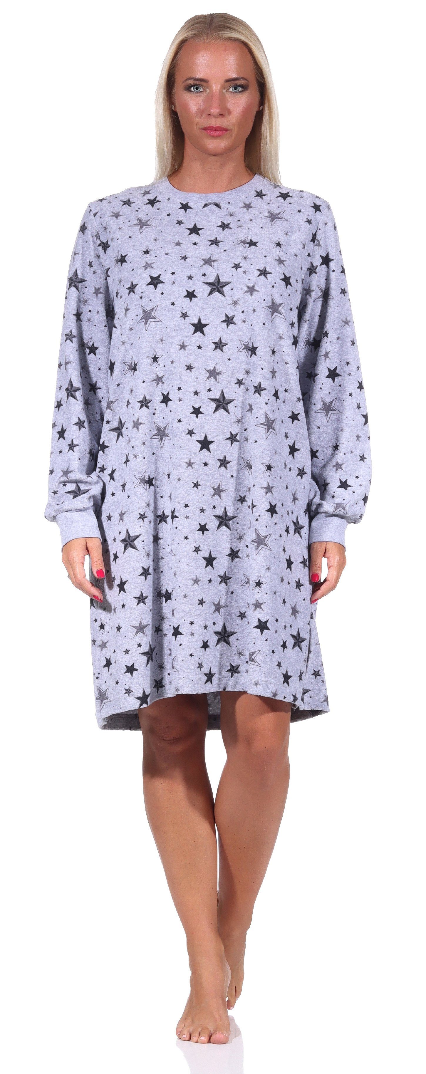 Normann Nachthemd Damen Frottee Nachthemd mit Bündchen in edlem Sterne Design grau-melange