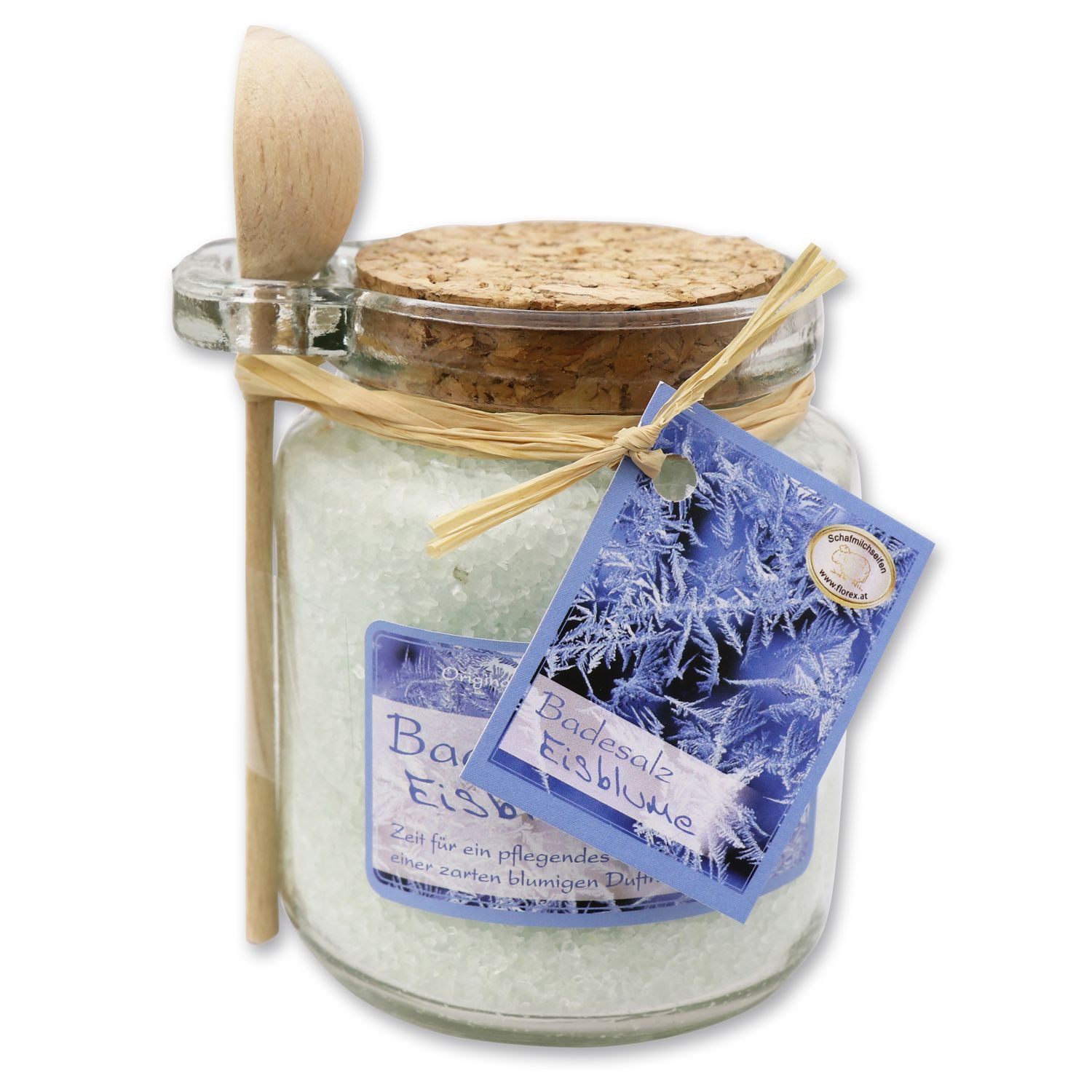 Gerlinde Hofer _ Florex GmbH Badezusatz Eisblume, Badesalz mit Bio Schafmilch im Glas mit Holzlöffel 300 g