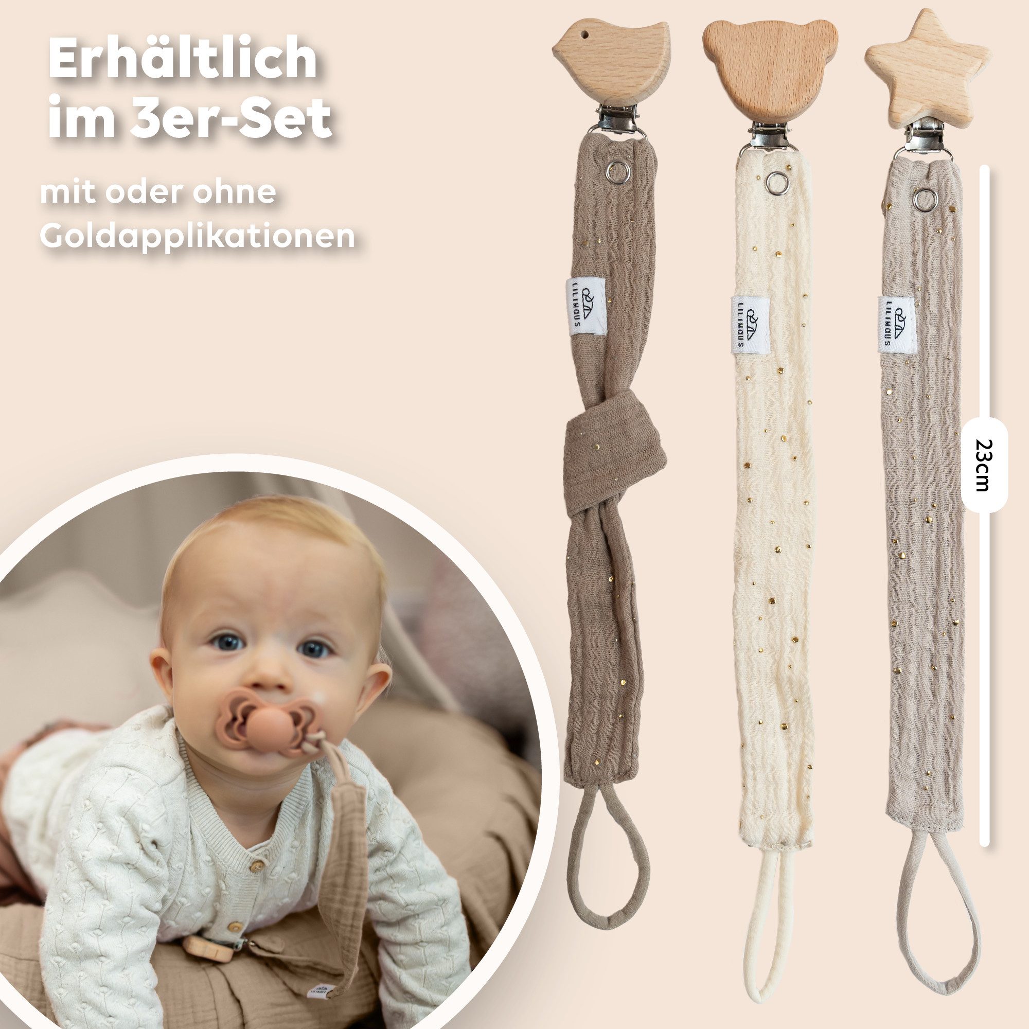 lilimaus Schnullerbefestigung Schnullerkette aus Musselin & Holz - handgemacht, (3-tlg), mit Holzclip & sicherer Länge - schadstoffgeprüfte Musselin-Baumwolle