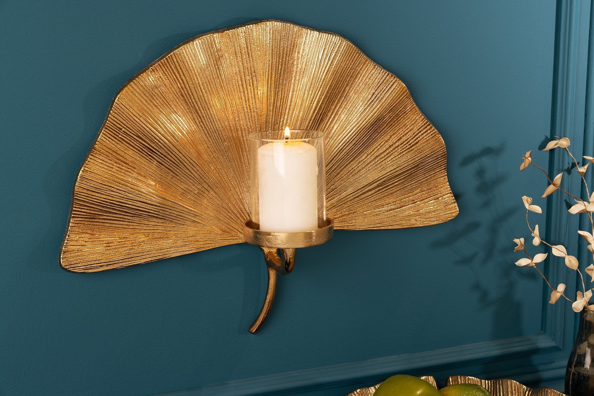 Licht-Erlebnisse Wandhalter CELIA, Wand Gold B: 43 cm Metall Glas Handarbeit Ginko Blatt Asiatisch