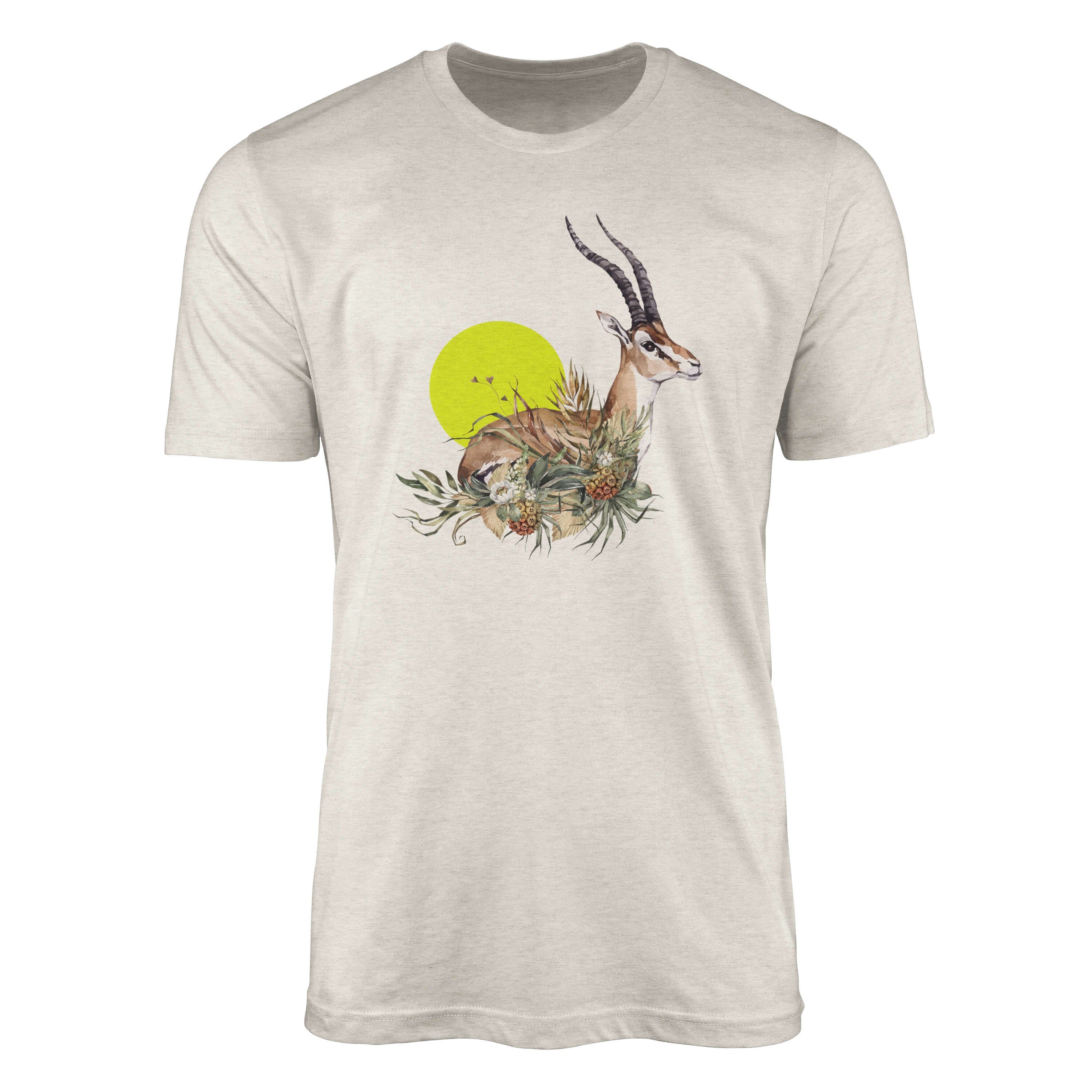 Sinus Art T-Shirt Herren Shirt 100% gekämmte Bio-Baumwolle T-Shirt Aquarell Antilope Blumen Savanne Motiv Nachhaltig (1-tlg)