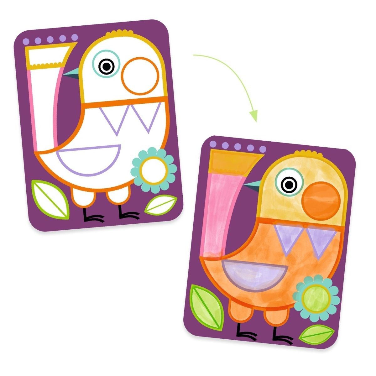 DJECO Malvorlage Malset Kinder ab 3 Jahre, 4 Tierbilder, Pinsel, Palette, kreatives Set