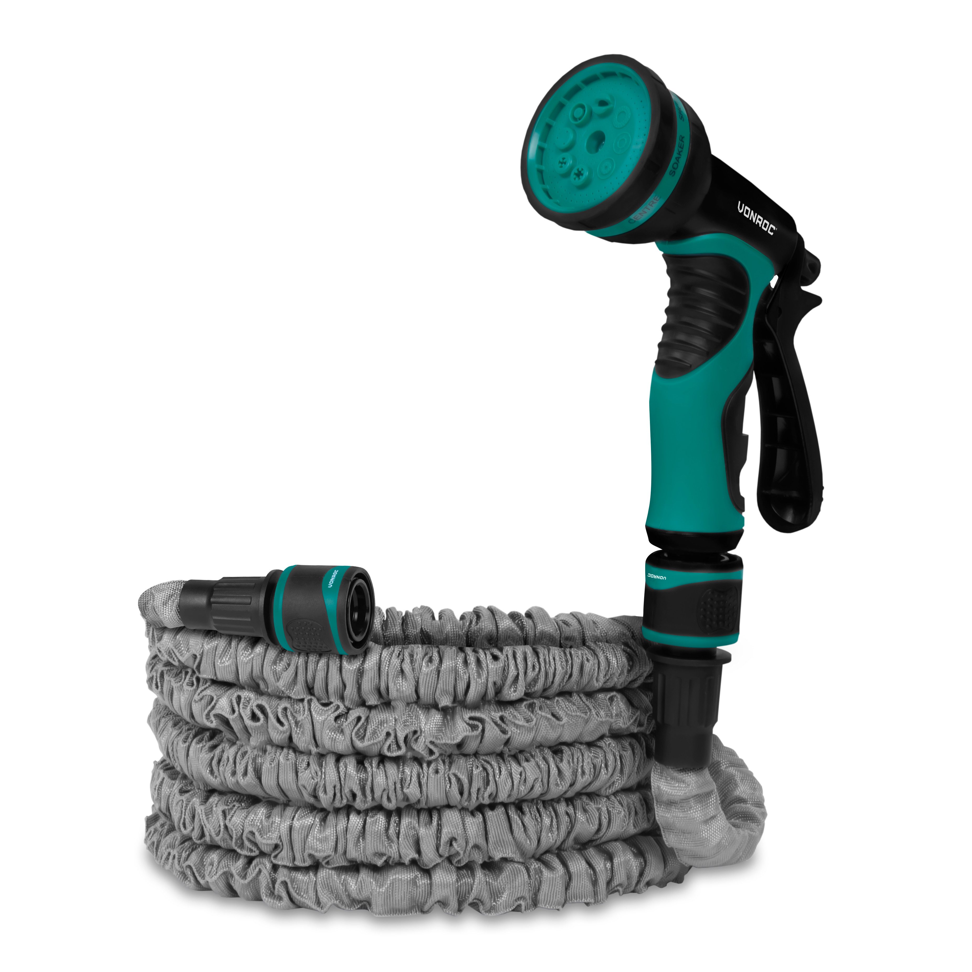 VONROC Gartenschlauch flexibler Wasserschlauch - Flexschlauch inkl. Wandhalterung, und Multispritze - Ausziehbarer knickfreier Schlauch für Garten, Wasserhahnanschluss G¾" - G½" - 10 Meter Schlauch