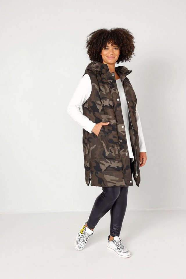 Angel of Style Steppweste Long-Steppweste Straight Fit Camouflage Kapuze