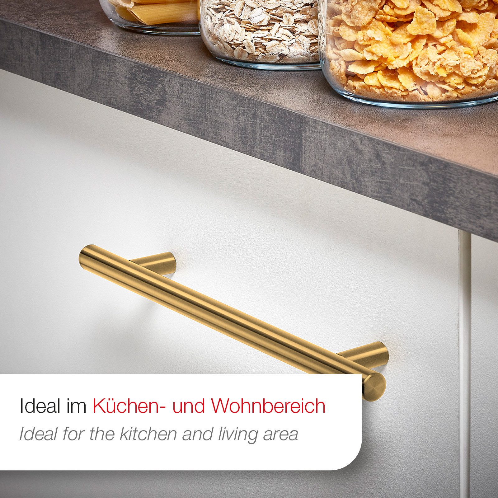 SO-TECH® Möbelgriff Stangengriff G17 echt Edelstahlrohr Ø 12 mm inkl. Schrauben (1-St), Goldfarbig galvanisiert, Bohrlochabstand 64 mm, Schrankgriff – Bild 5 von 5