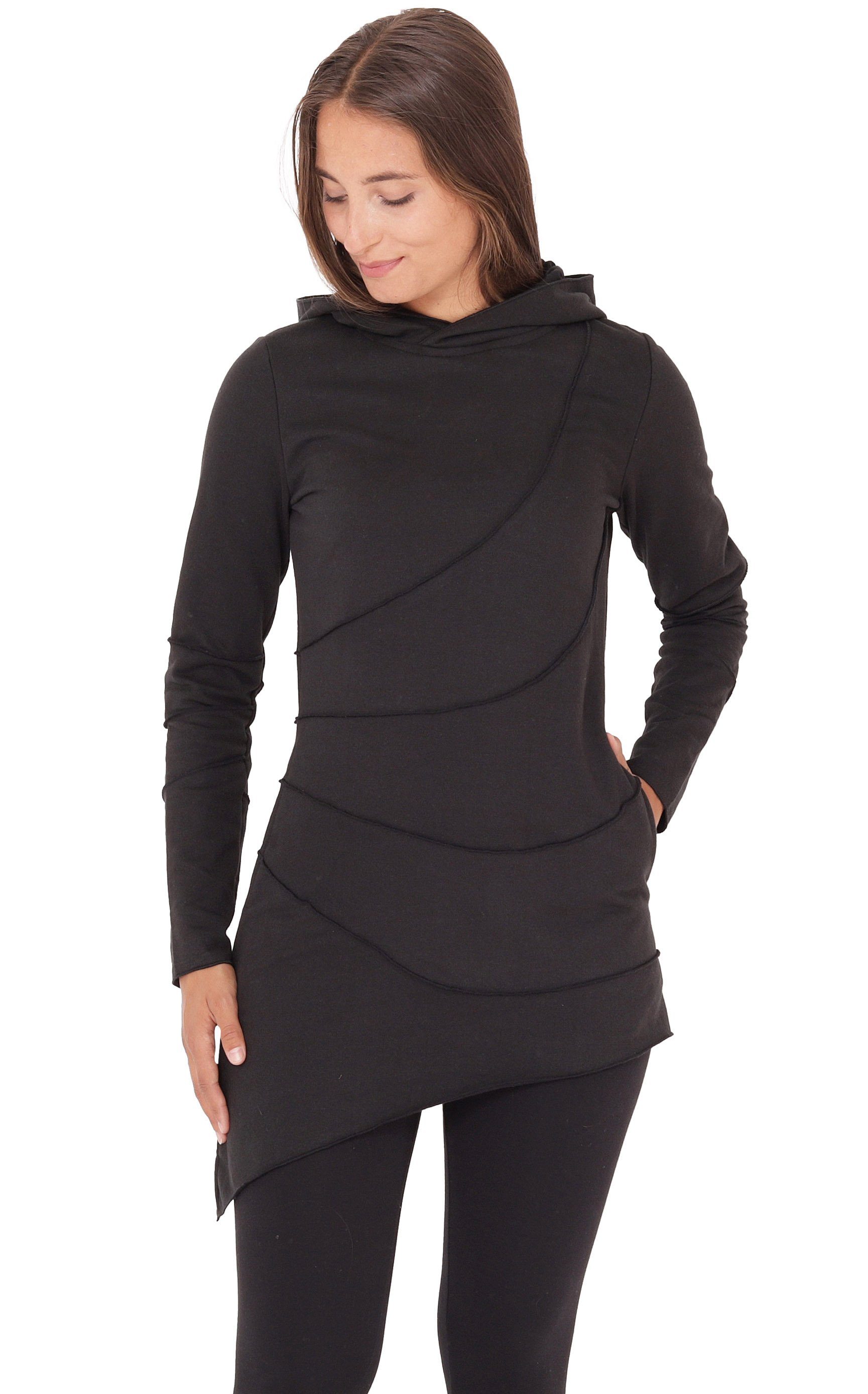 PUREWONDER Kapuzenpullover Longshirt dr23 Langärmlige Shirt-Tunika Schwarz