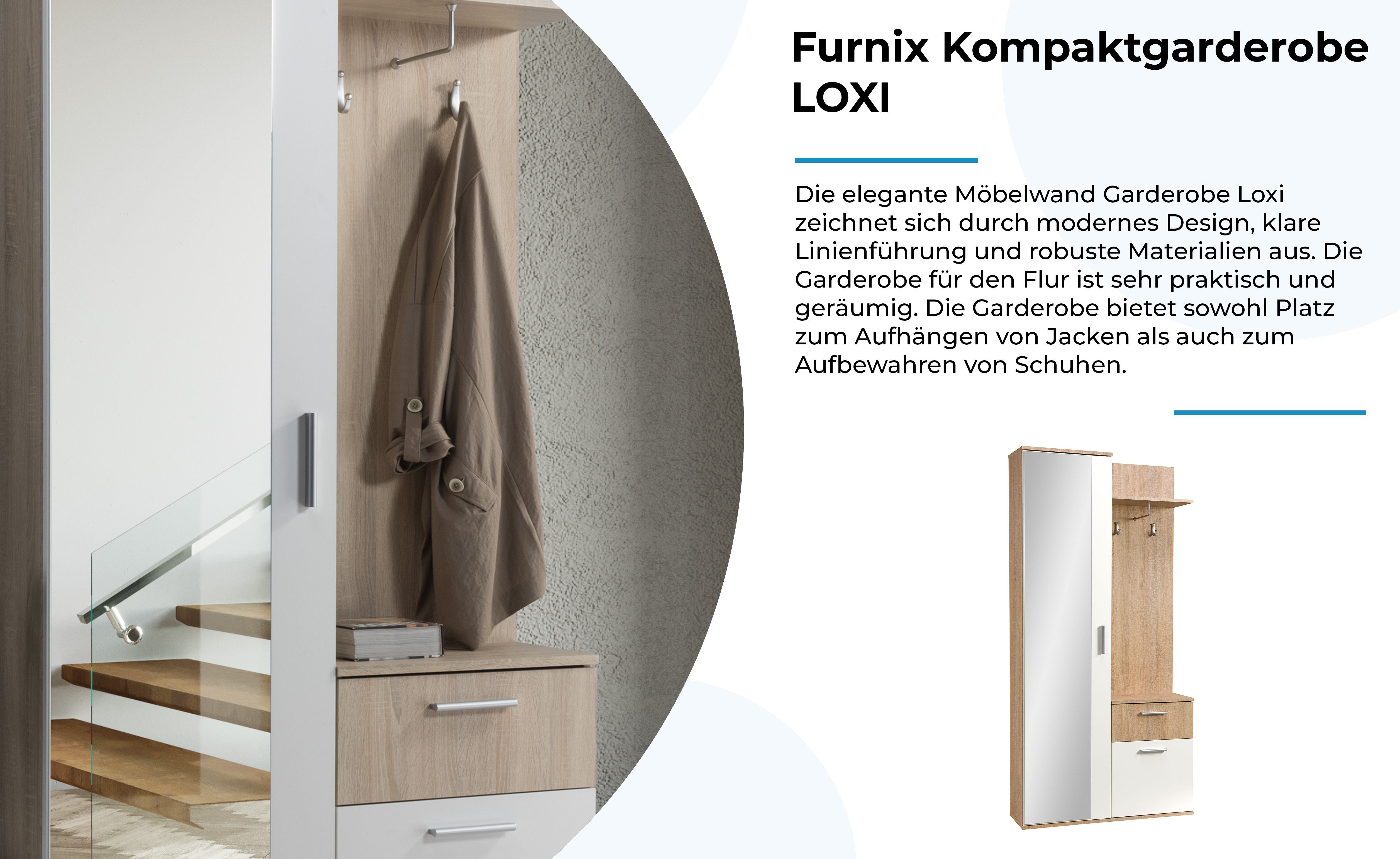 Furnix Kompaktgarderobe platzsparend Spiegel, multifunktional LOXI Schublade, Schuhschrank, Hutablage Sonoma/Weiß Schrank, mit Garderobe