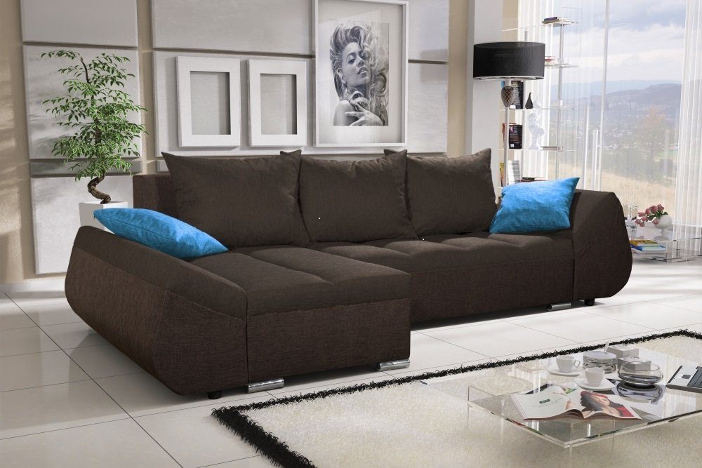 Fun Möbel Ecksofa Schlafsofa Sofa KLEO in Stoff mit mane, inkl. Rückenkissen und Zierkissen, Mit Bettkasten Dunkelbraun