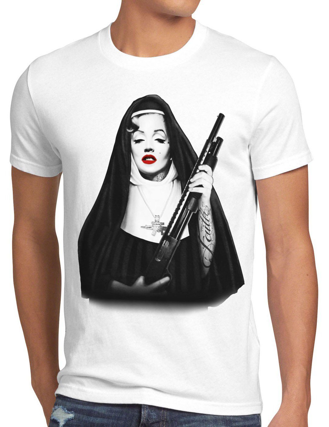 style3 Print-Shirt Herren T-Shirt Marilyn Gebetsschwester tattoo monroe rock nonne marylin shotgun weiß