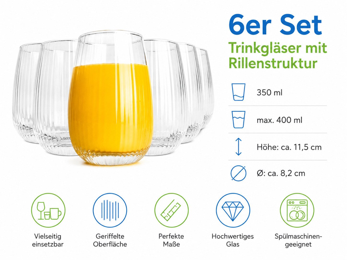 Sendez Cocktailglas 6 Trinkgläser 350ml (max. 400ml) geriffelte Oberfläche Cocktailgläser, 6-tlg., Glas – Bild 5 von 5