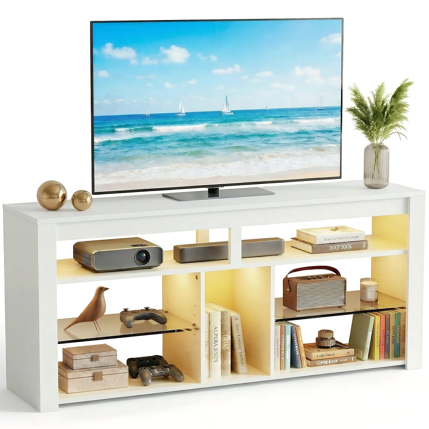 oyajia Lowboard TV-Schrank, Fernsehschrank mit RGB-LED Stilvoll (TV-Schrank mit verstellbarem Regalen und viel Stauraum, 140x34x63cm, für Wohnzimmer, Schlafzimmer), für Fernseher bis 65 Zoll