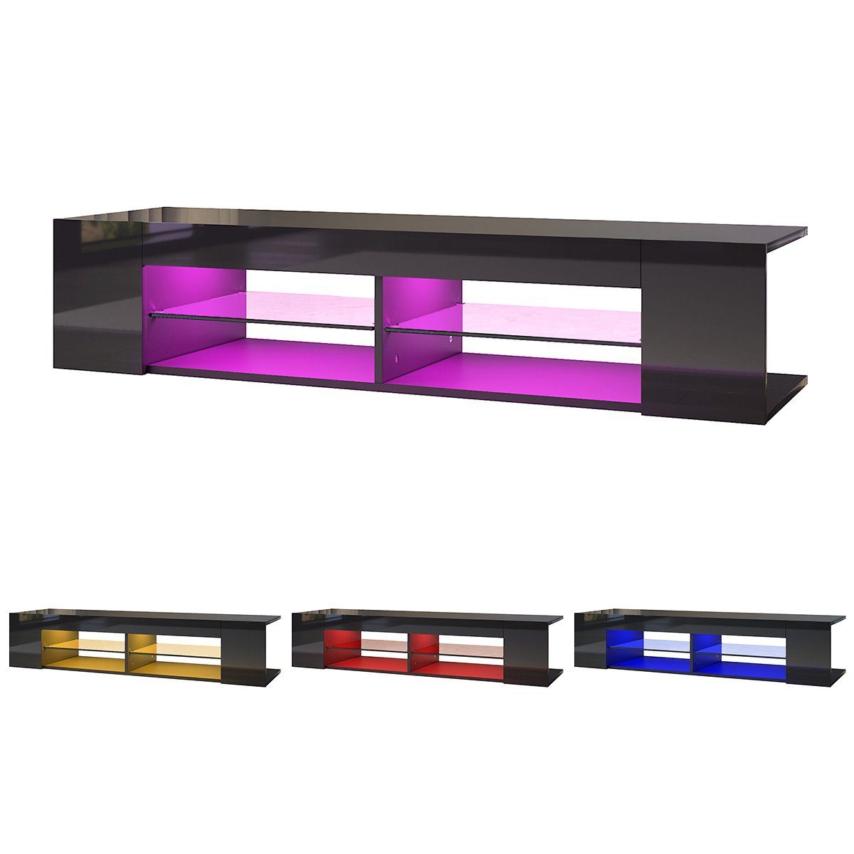 SONNI TV-Schrank TV-Lowboard Breite mit LED Modern mit Schwarz design Beleuchtung Unterschrank, Hochglanz Glasböden, 135cm