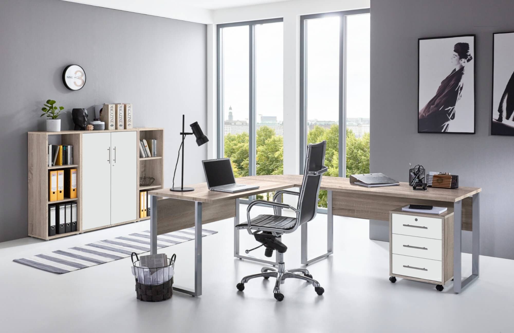 moebel-dich-auf Büromöbel-Set TABOR PRO Set 2, (abschließbar, Metallgriffe, 5-tlg., Winkelschreibtisch mit Rollcontainer + Aktenschrank + 2 Aktenregale), Made in Germany