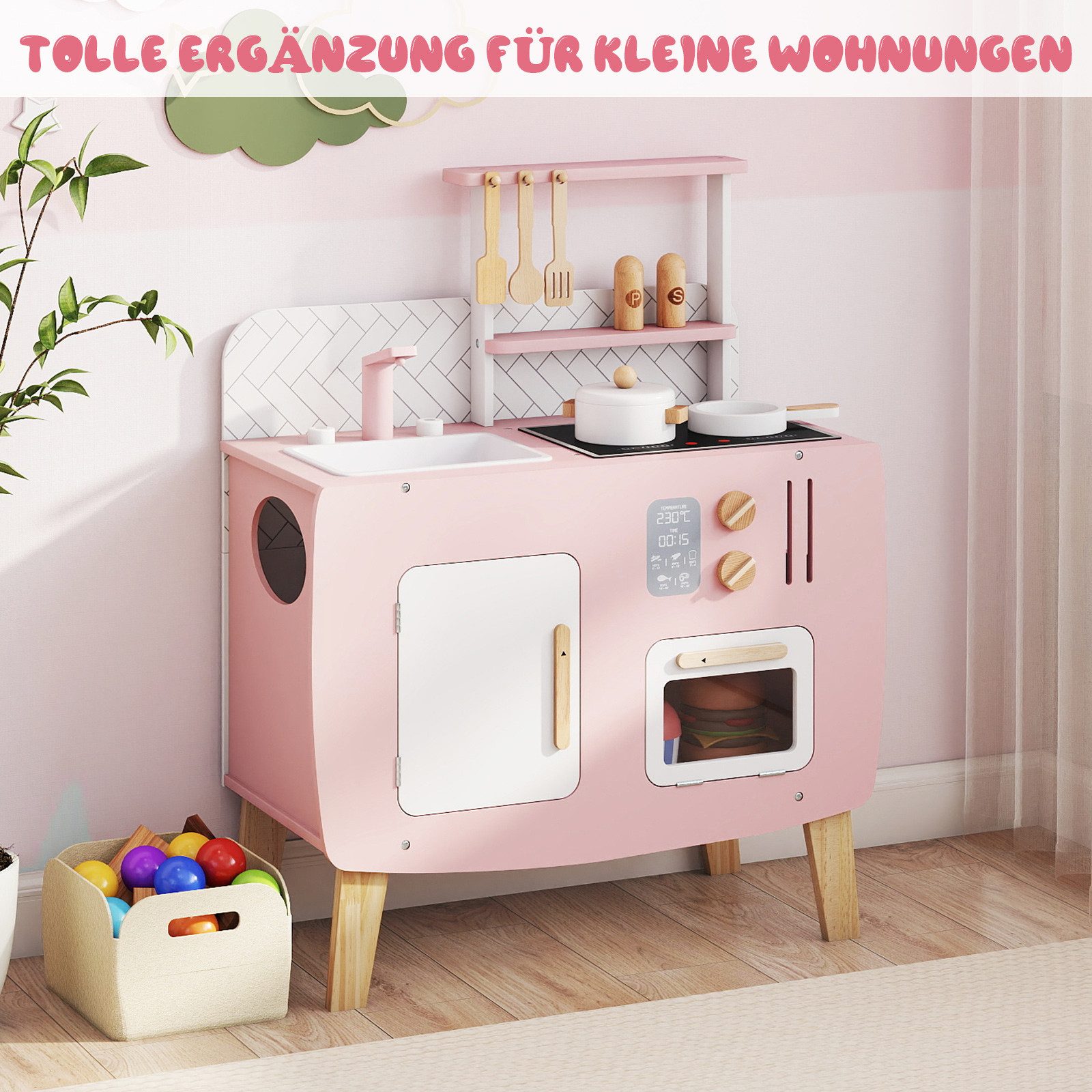 COSTWAY Spielküche Holz, Küchen-Spielset mit Herd, Spüle, Wasserhahn & Ofen
