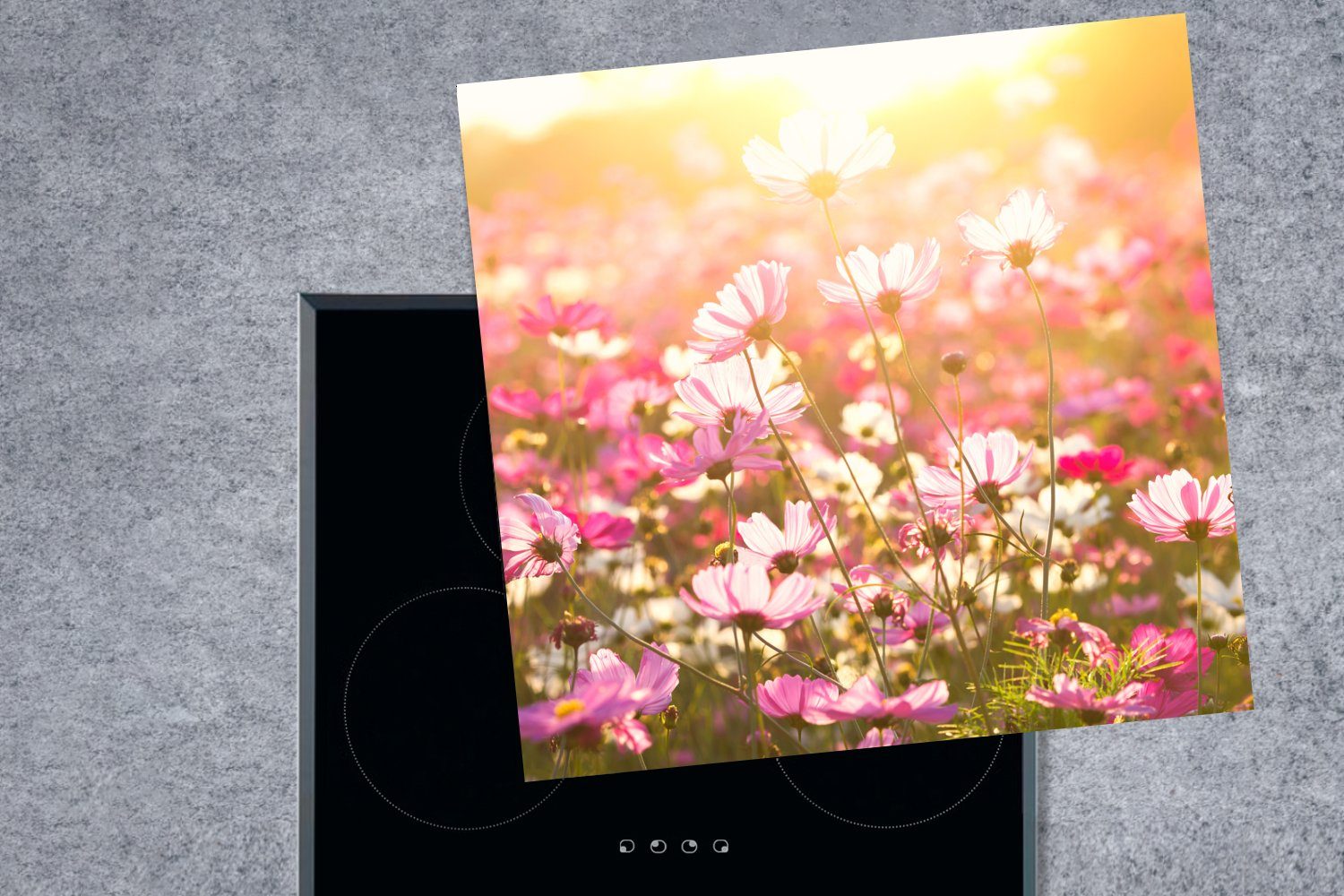 Herdblende-/Abdeckplatte Vinyl, tlg), Sonnenuntergang - Arbeitsplatte küche Ceranfeldabdeckung, MuchoWow Rosa, 78x78 (1 cm, - Blumen für