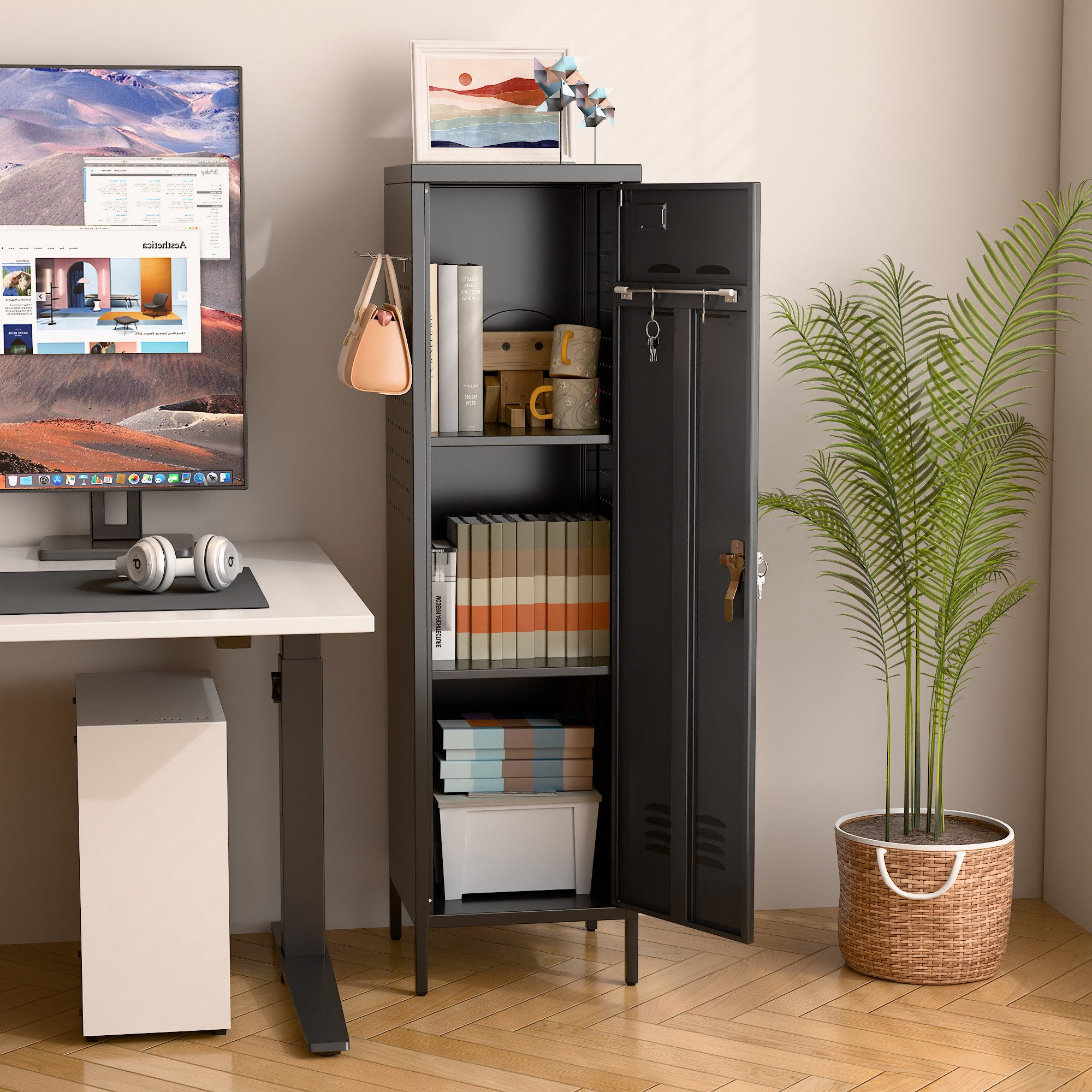 AOBABO Mehrzweckschrank Metallschrank mit Griffschloss und Haken, zum Zusammenbauen (1-St) 138x38x38 cm, Stauraumschrank für Umkleide & Garage