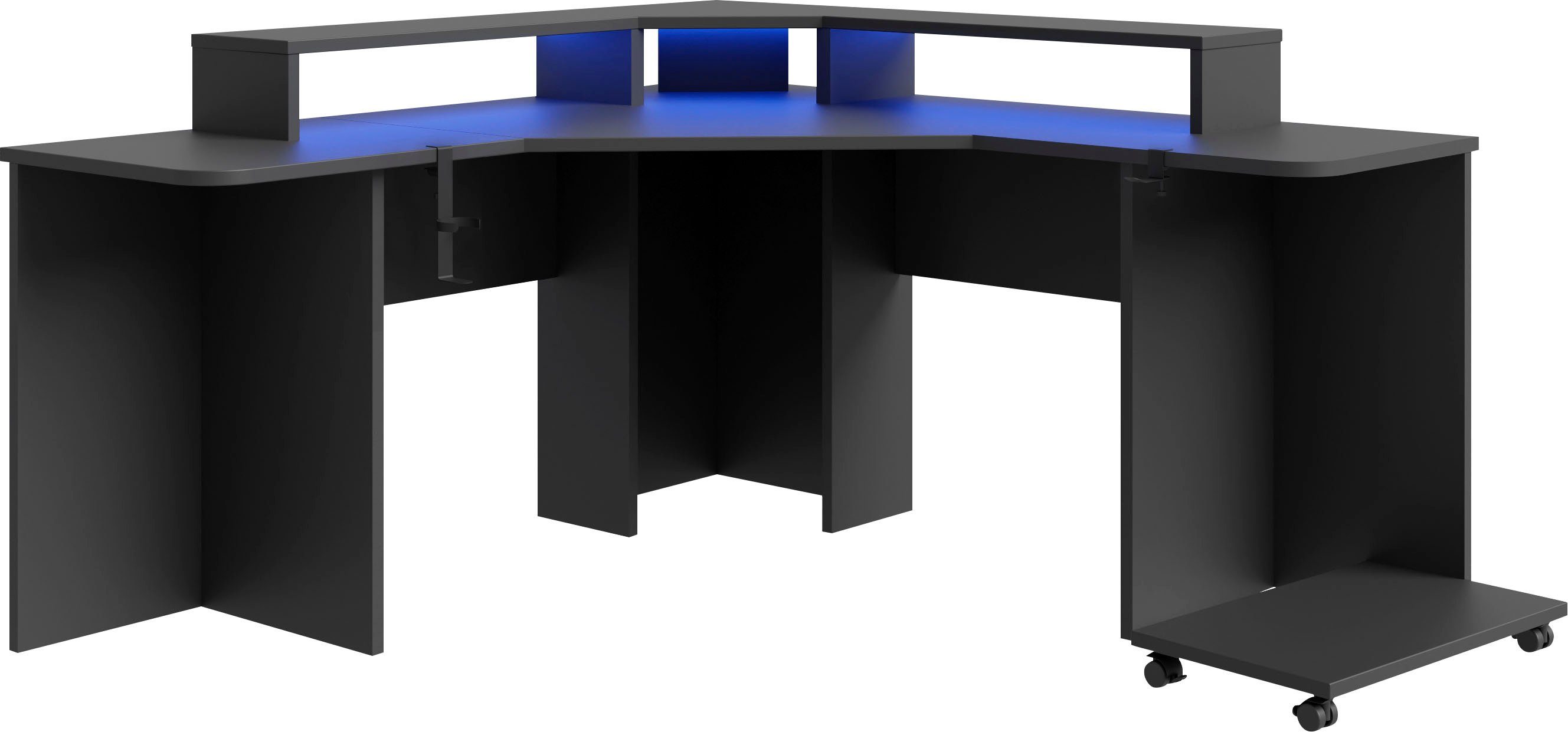 FORTE Gamingtisch Tezaur, mit RGB-Beleuchtung, Breite 160 cm, Inklusive  Beleuchtung, Getränkehalter und Headsethalter