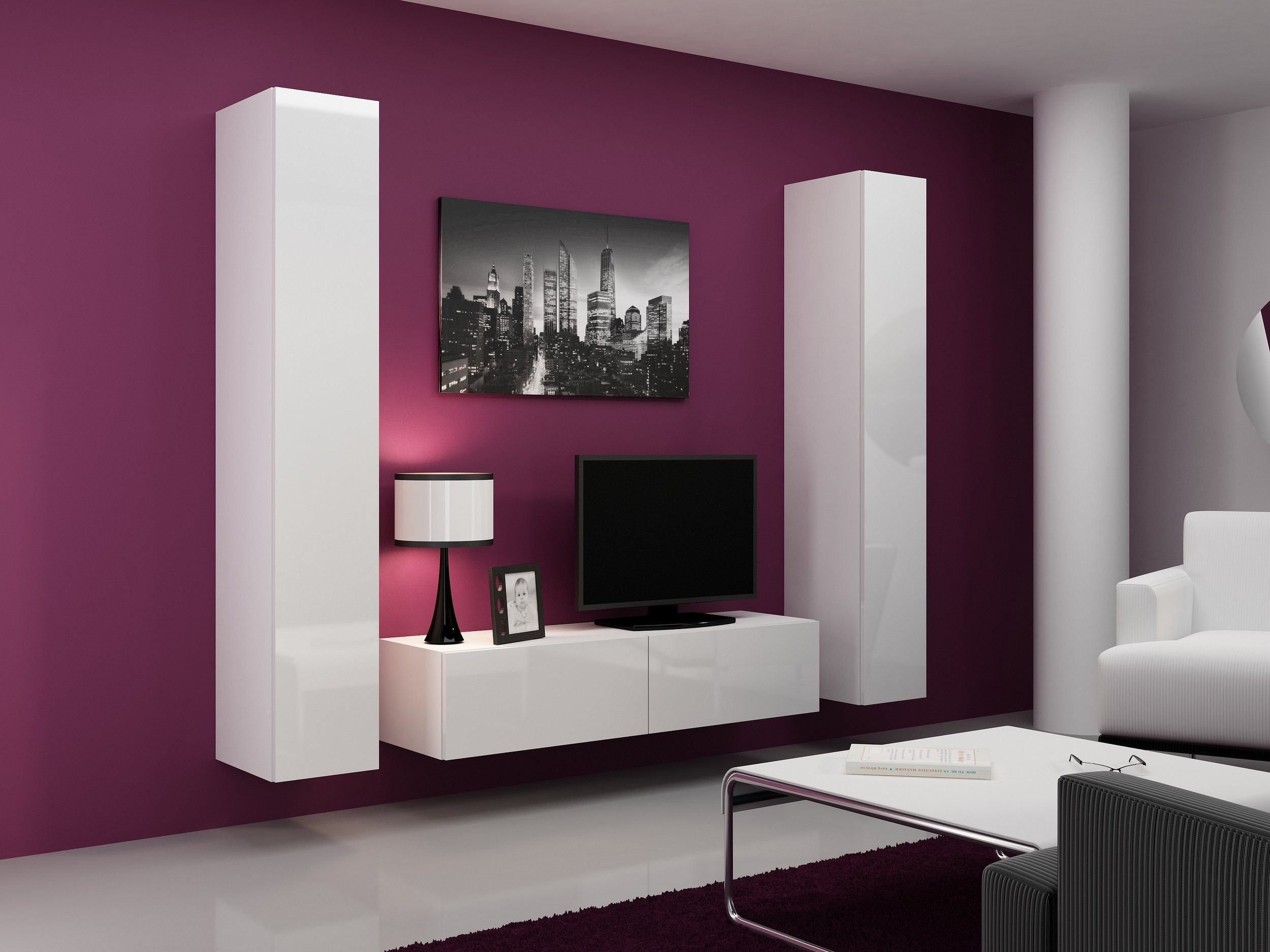 Stylefy Wohnwand Vago IX, (Set (3-St), Wohnmöbel, Wohnzimmer-Set), bestehend aus 1xLowboard und 2xHängeschrank, Hochglanzfronten, mit Push-to-Open, Modern Design Weiß/Weiß Hochglanz