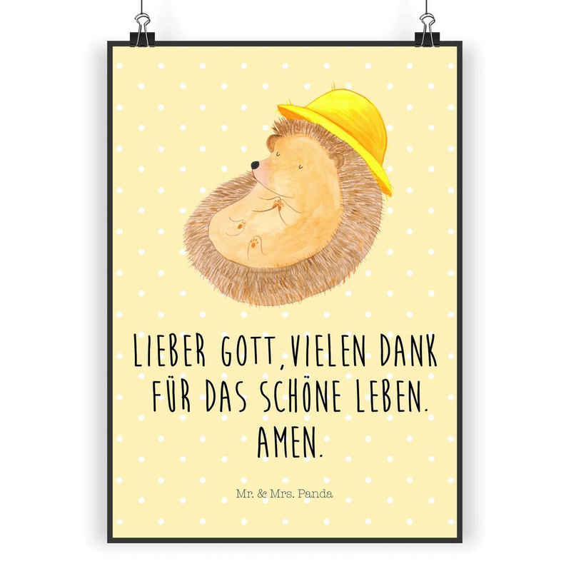 Mr. & Mrs. Panda Poster »Igel betet - Gelb Pastell - Geschenk, Dankbar sein, gute Laune, Leben«, Igel betet (1 St)
