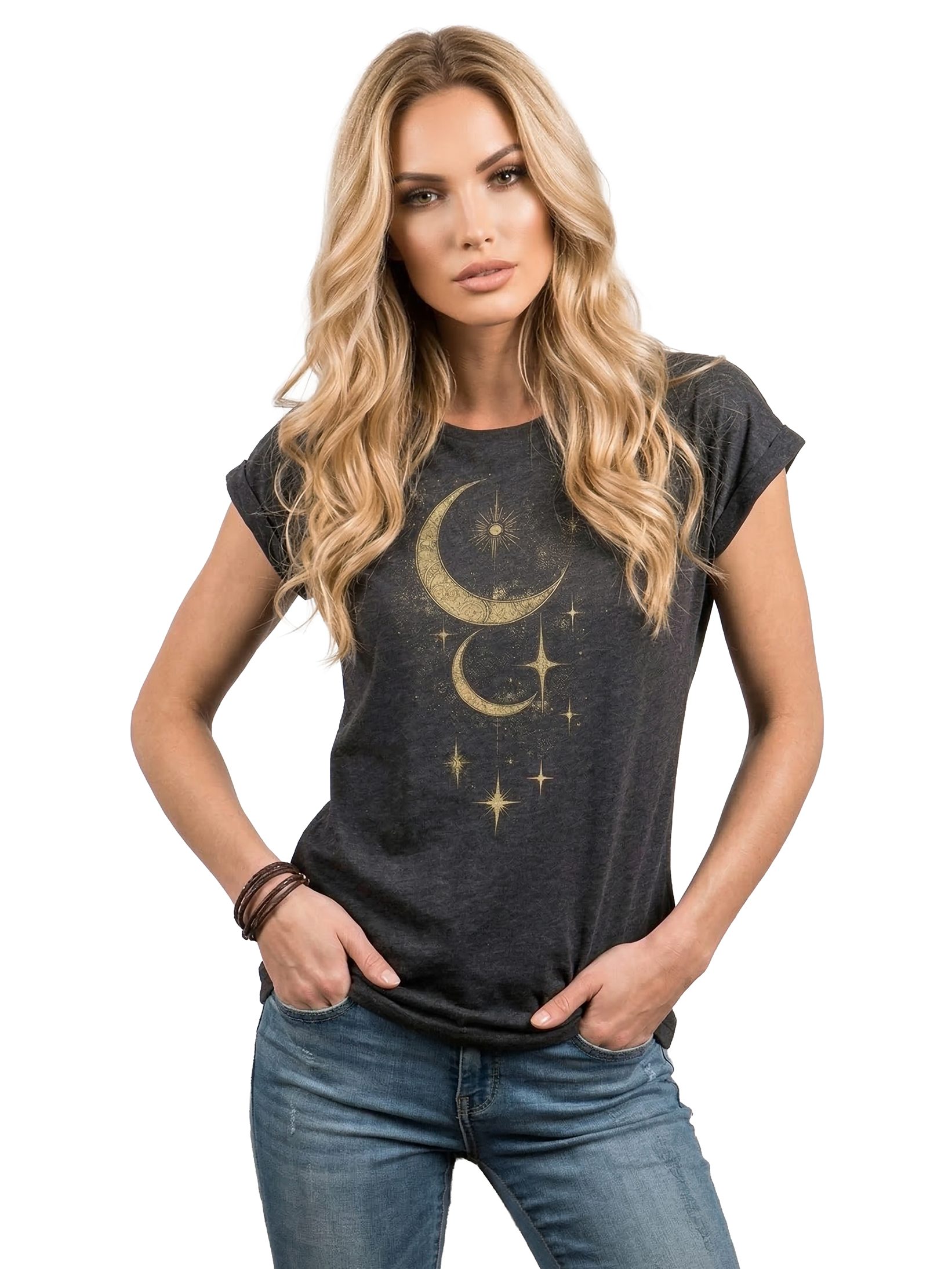MAKAYA Kurzarmshirt Damen mit Aufdruck Sonne Mond & Sterne Print Esoterik Geschenk (Schwarz, Blau, Grau, 34, 36, 38, 40, 42, 44, 46, 48, 50) Baumwolle