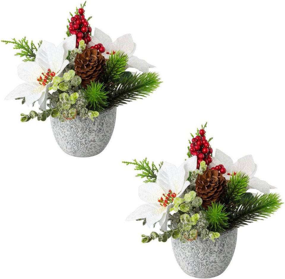 Winterliche Kunstpflanze Weihnachtsdeko Weihnachtsstern, Creativ green, Höhe  19 cm, im Zementtopf, mit Zapfen, Beeren und Zweigen