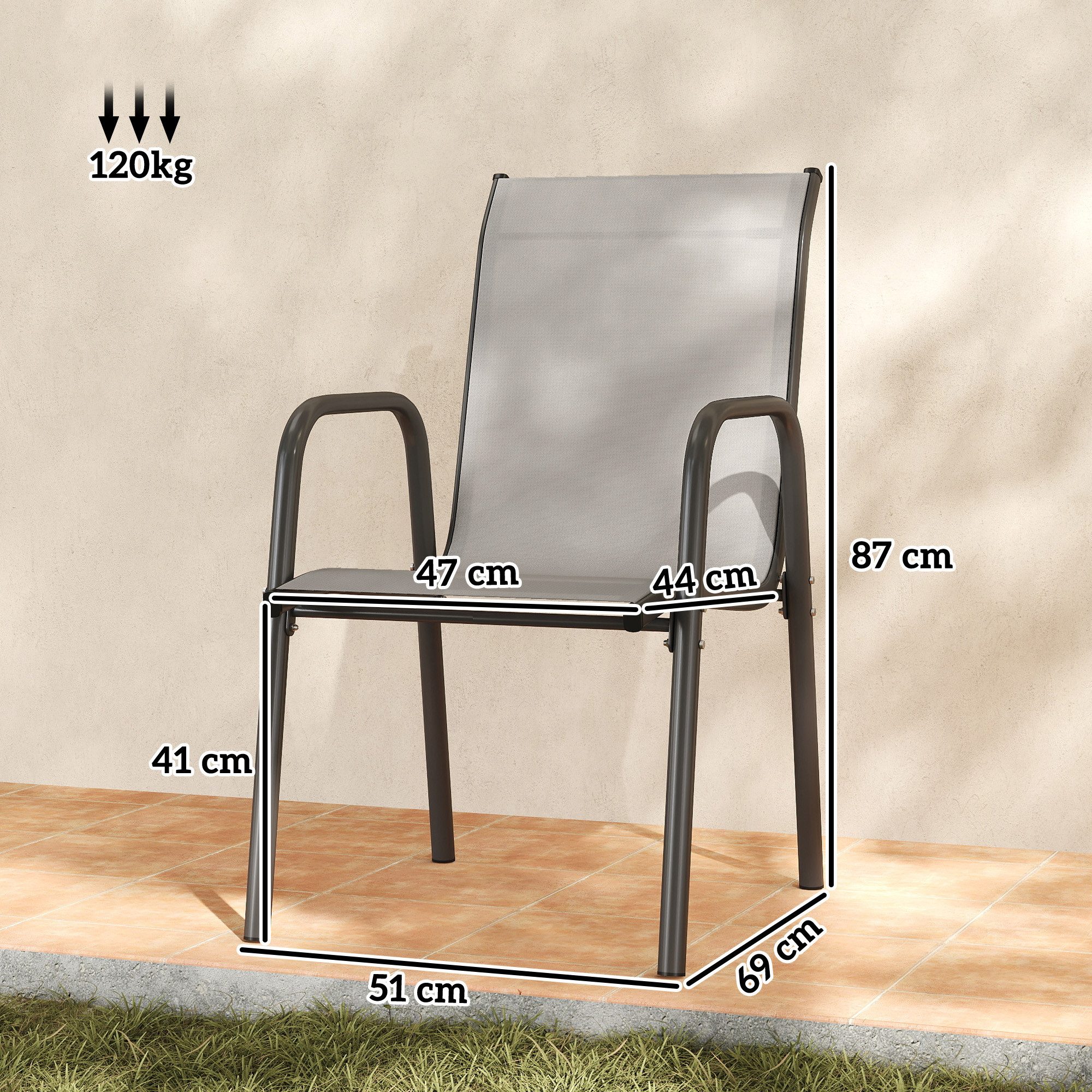 Outsunny Gartenstuhl mit Atmungsaktive Rücken, Armlehnen (Gartenstühle, 4 St), für Garten Balkon Terrasse 51 x 69 x 87 cm Hellgrau