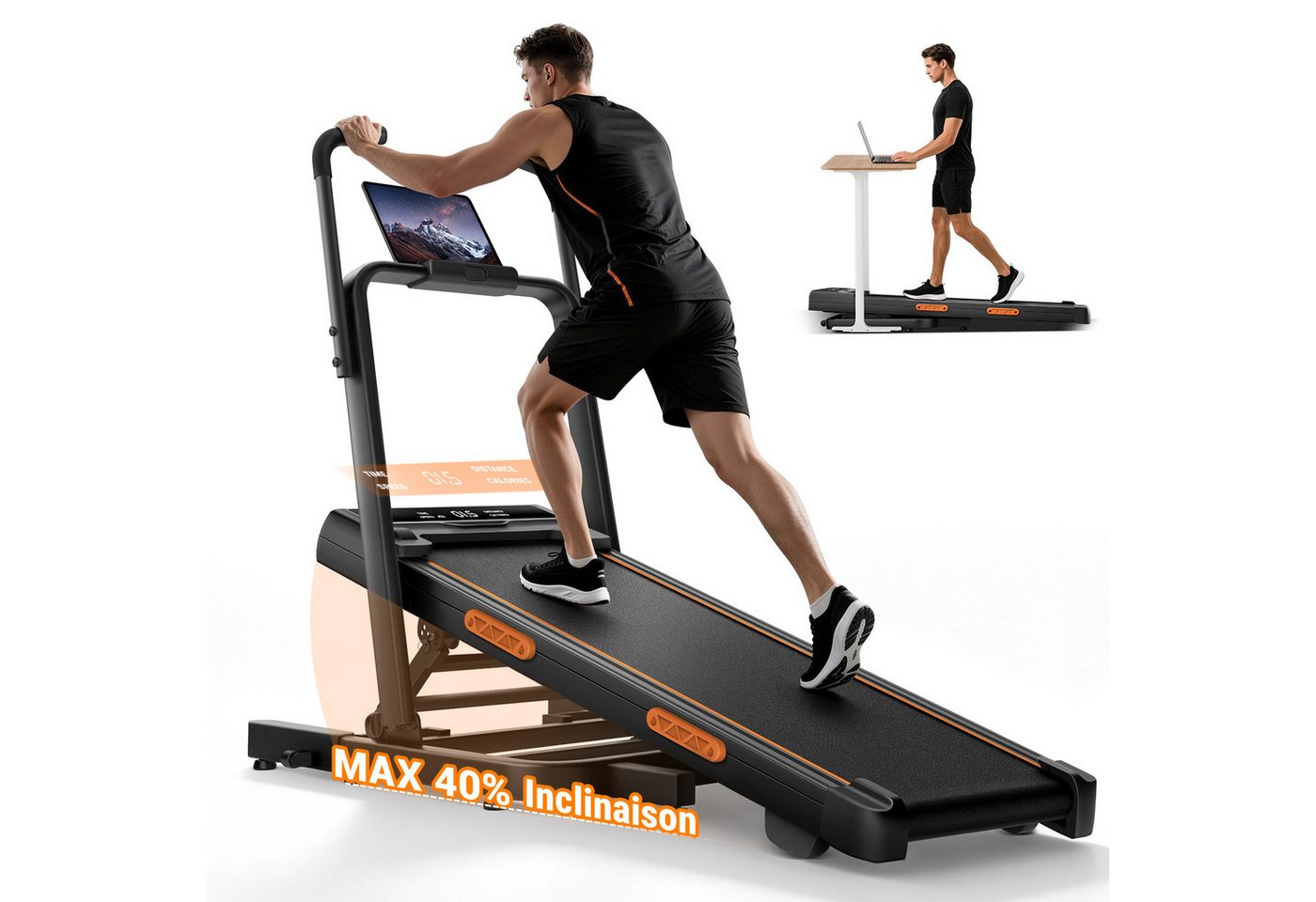LONTEK Laufband mit 40 % Steigung, verlängerten Handläufen, zusammenklappbar (1-tlg), 1–10 km/h, maximale 159 kg