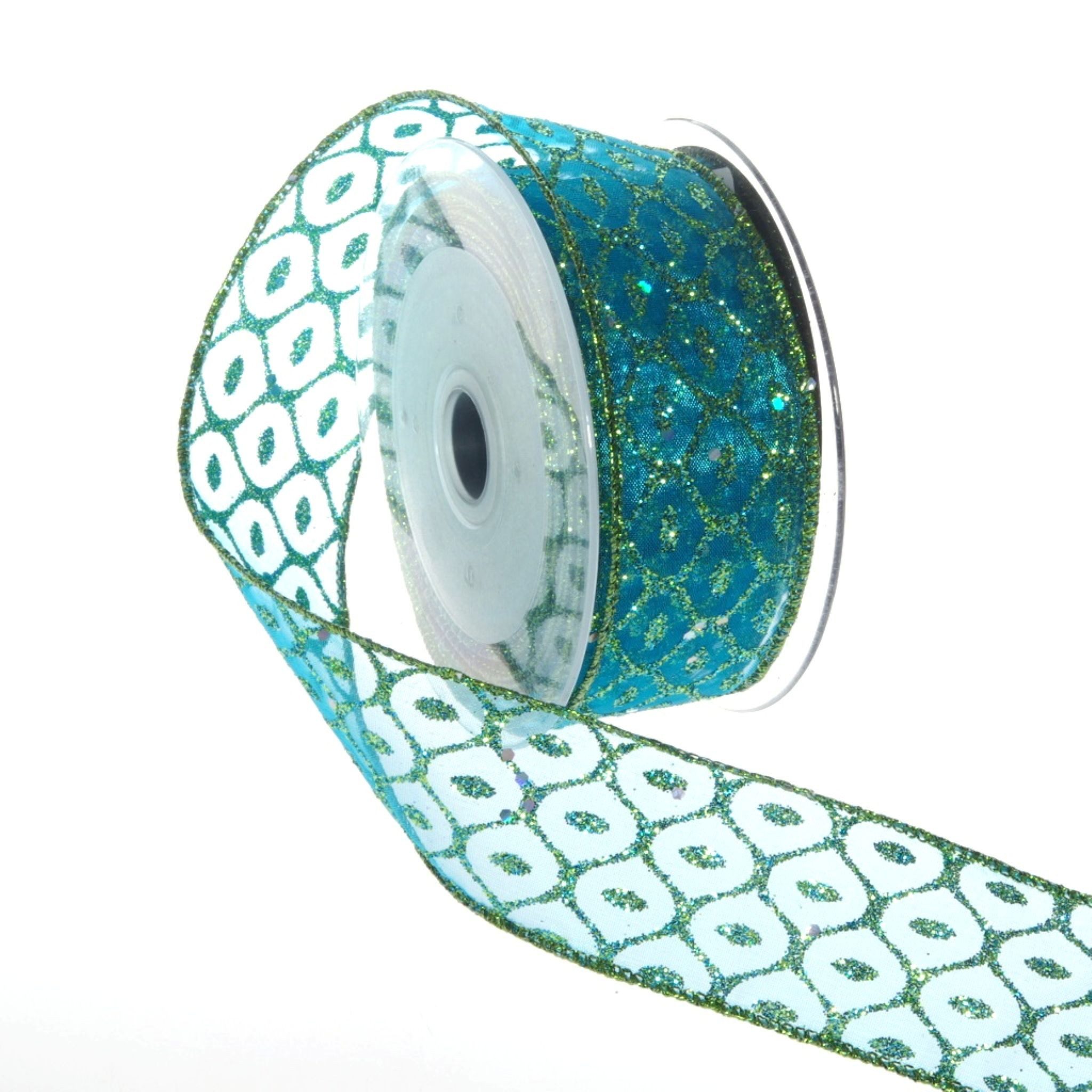 Deko AS Geschenkband Organzaband mit Glitzerwabe - türkis-grün - 40 mm - 10 m, formbar