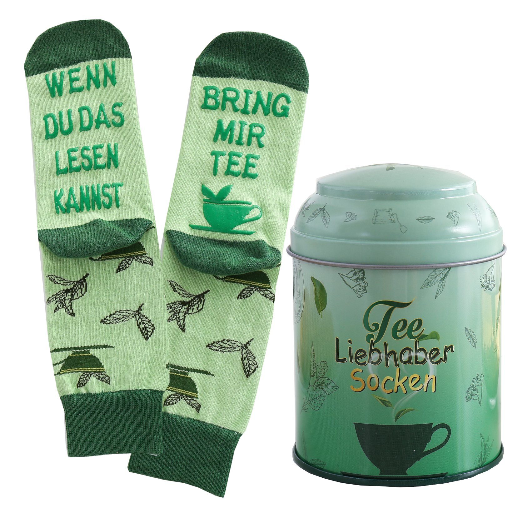 Lucadeau Freizeitsocken Kaffee Schoki Tee Socken in Dose mit Spruch, wenn du das lesen kannst (Dose, 1 Paar) rutschfest, Gr. 37-43, Geschenke für Frauen, Muttertag Geschenk grün