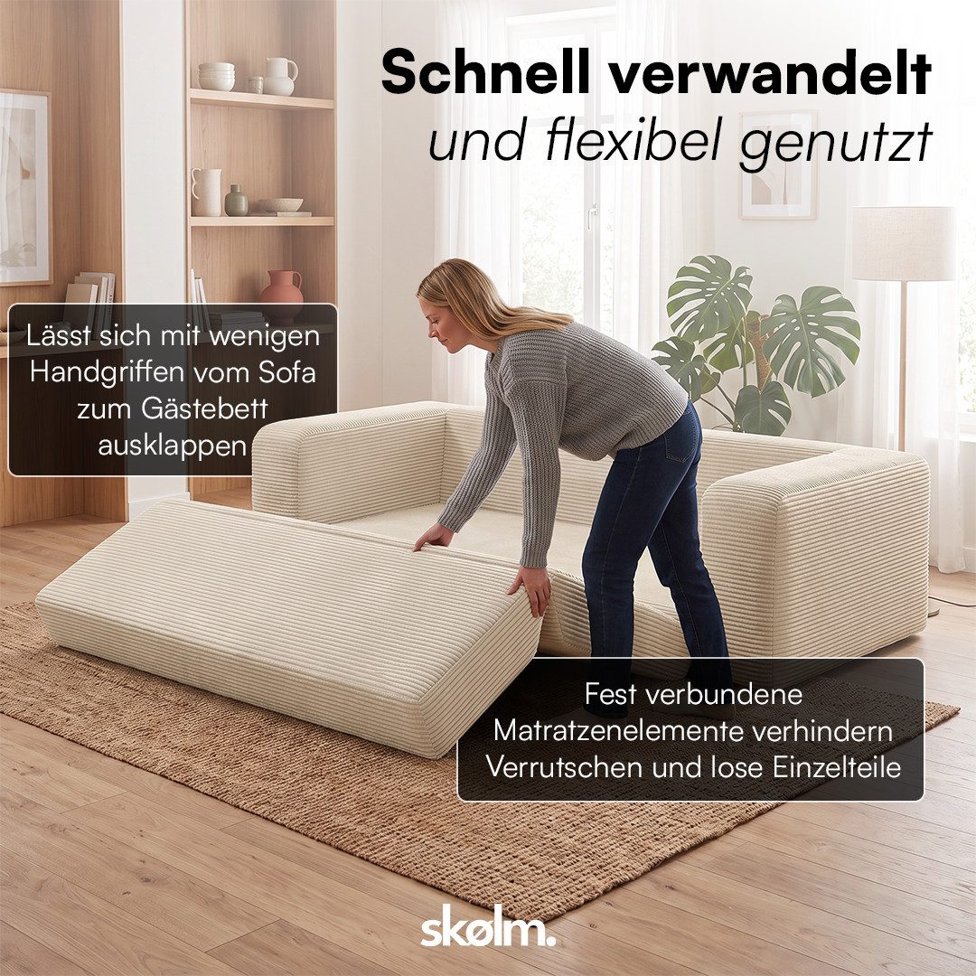 skølm Schlafsofa Laga aus Cord, Sofa 2 Sitzer mit Armlehnen, als Gästebett nutzbar, Beige, ausklappbare Schlafcouch 186x135 cm, vakuumiert – ohne Aufbau – Bild 5 von 5