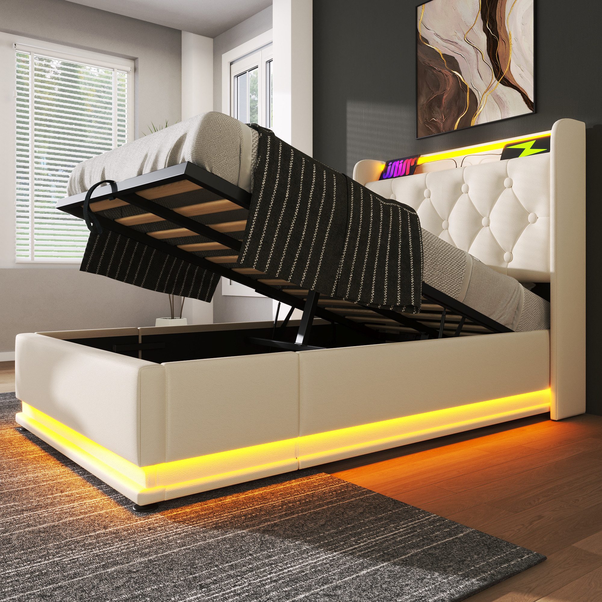 Flieks Polsterbett, LED Hydraulisches Stauraumbett Einzelbett 90x200cm mit günstig online kaufen