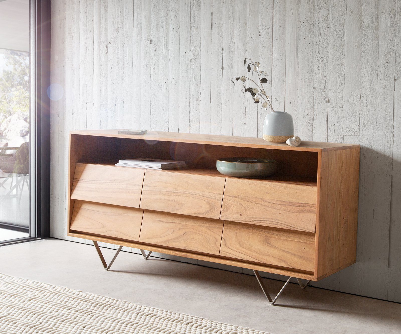 DELIFE Sideboard Eloi, Akazie Natur 145x40 cm 6 Schubladen V-Fuß Edelstahl