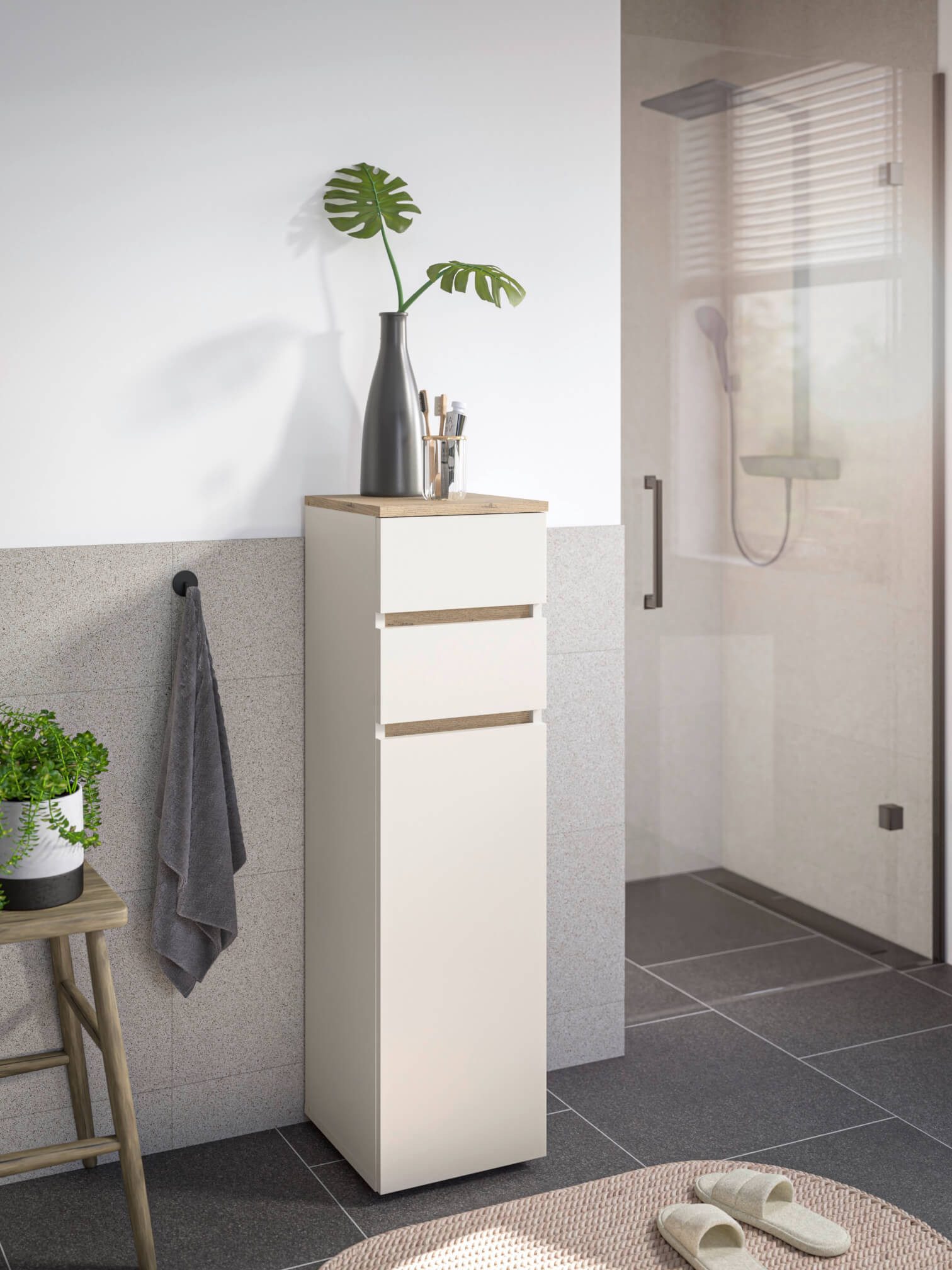 moebel-dich-auf Badkommode LONDRES (Badezimmerschrank Badschrank, mit 1 Tür und 2 Schubkästen, BxH 30x108 cm), in kaschmir oder anthrazit, Absetzung: Cremona Ei – Bild 2 von 5