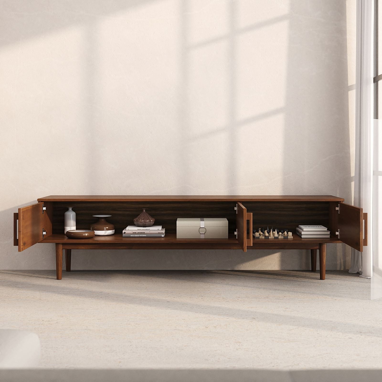 IDIMEX Lowboard TECCA, Niedriges Sideboard aus Massivholz 3 Türen Wohnzimmer Kastanie Finish