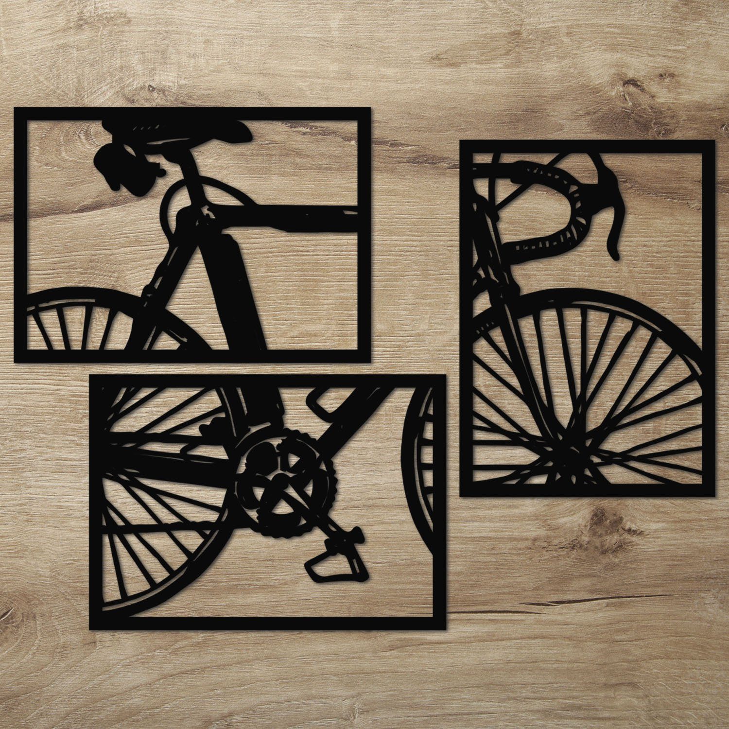 Namofactur Wanddekoobjekt XXL Fahrrad Wandbild aus Holz (3-teilig), Außergewöhnliches Holz-Wandtattoo für Dein zuhause Schwarz | Wandobjekte