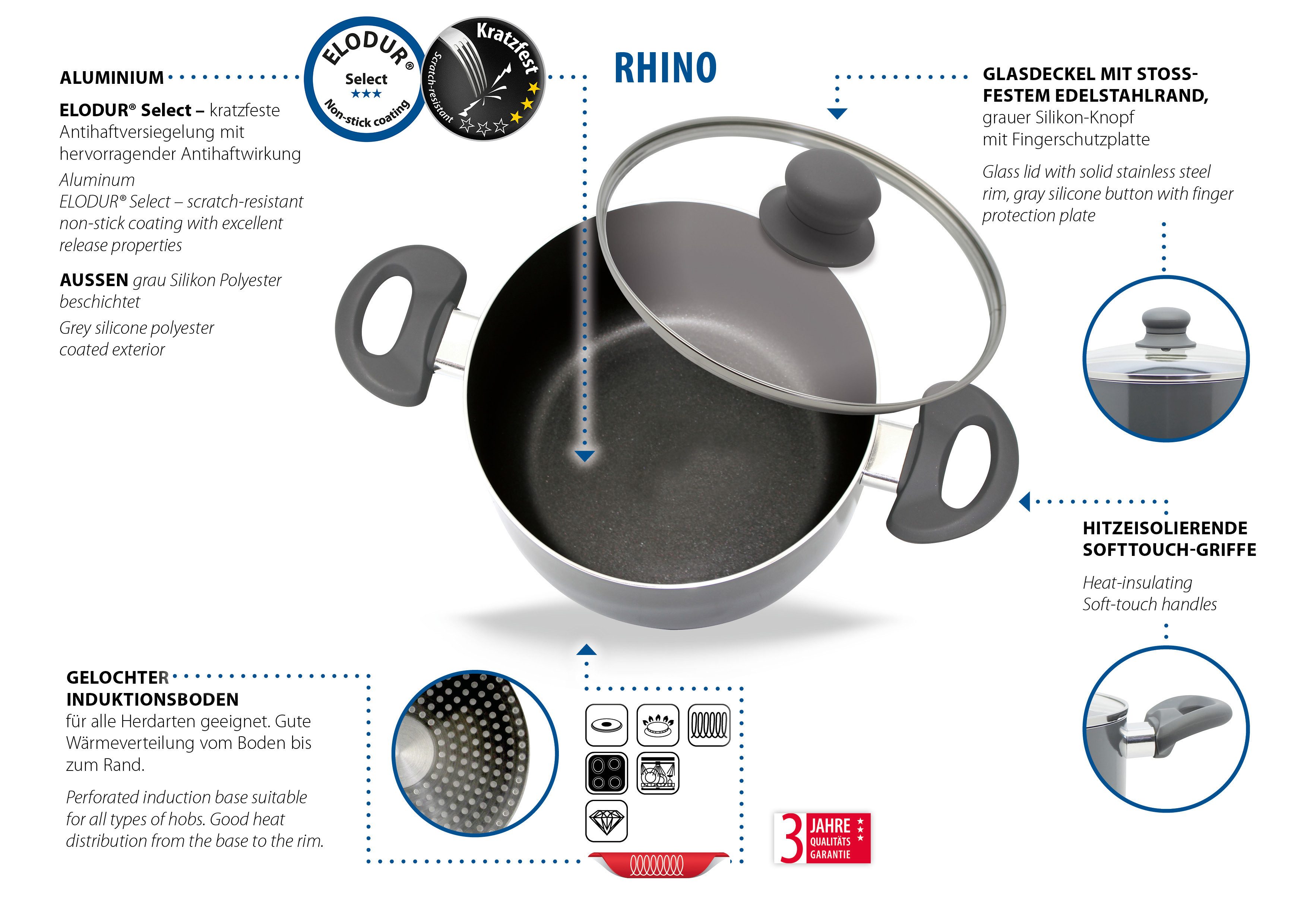 Elo Topf-Set Rhino Topfset 4-teilig, Aluminium (Set, 7-tlg), Hitzeisolierende Softtouch Griffe