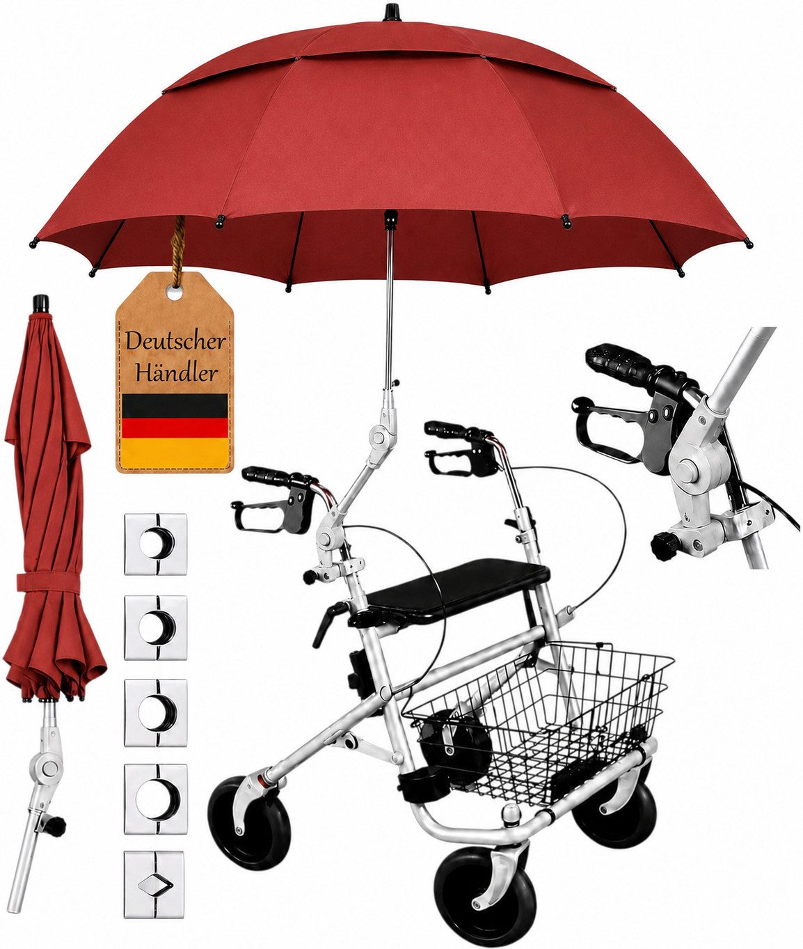 FabaCare Rollator Regenschirm mit Halterung für Rollatoren, Schirm für Gehwagen