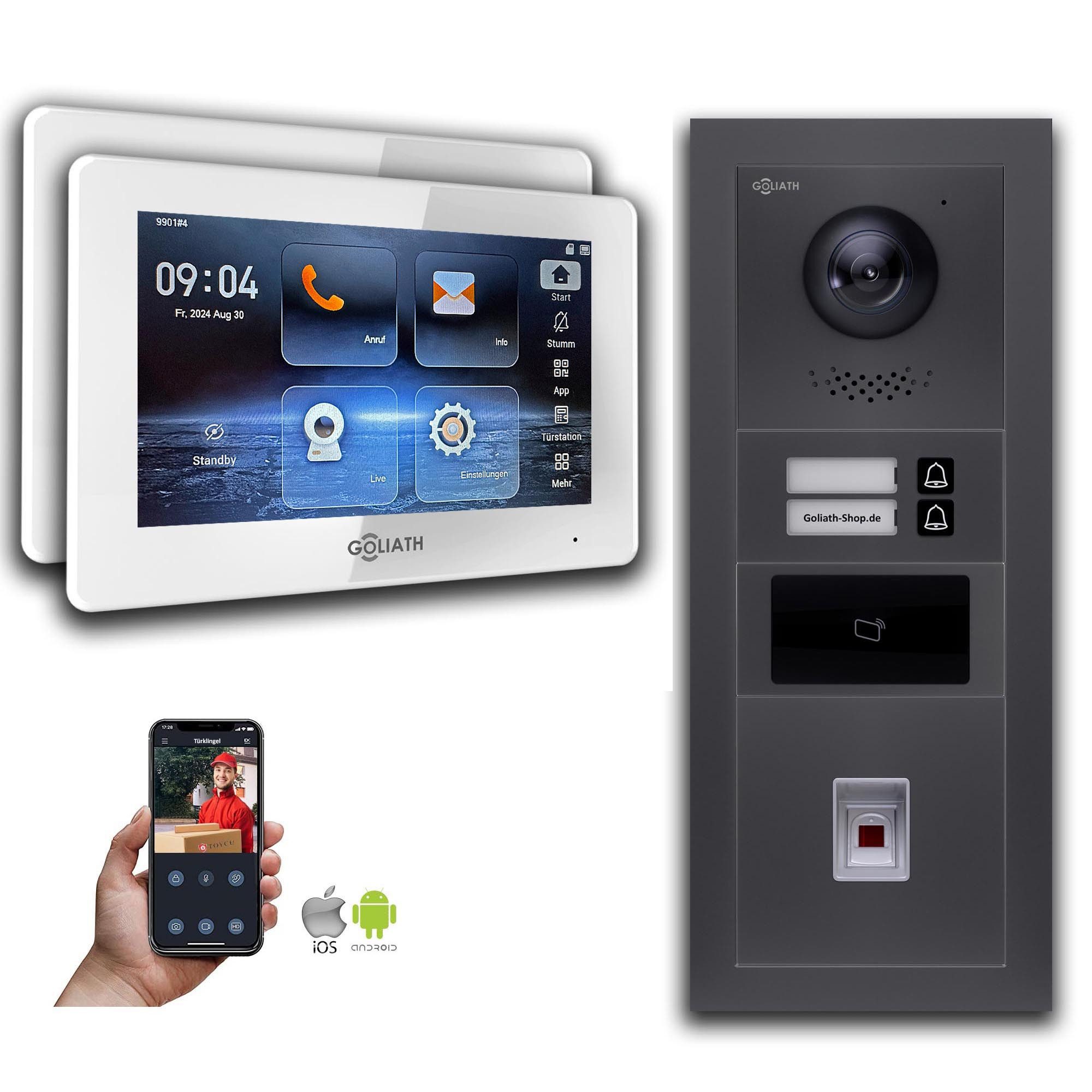 Goliath Intercom Video-Türsprechanlage Goliath IP Video Türsprechanlage: 7-Zoll 2 Familienhaus, Fingerprint, (Privat oder Gewerblich)