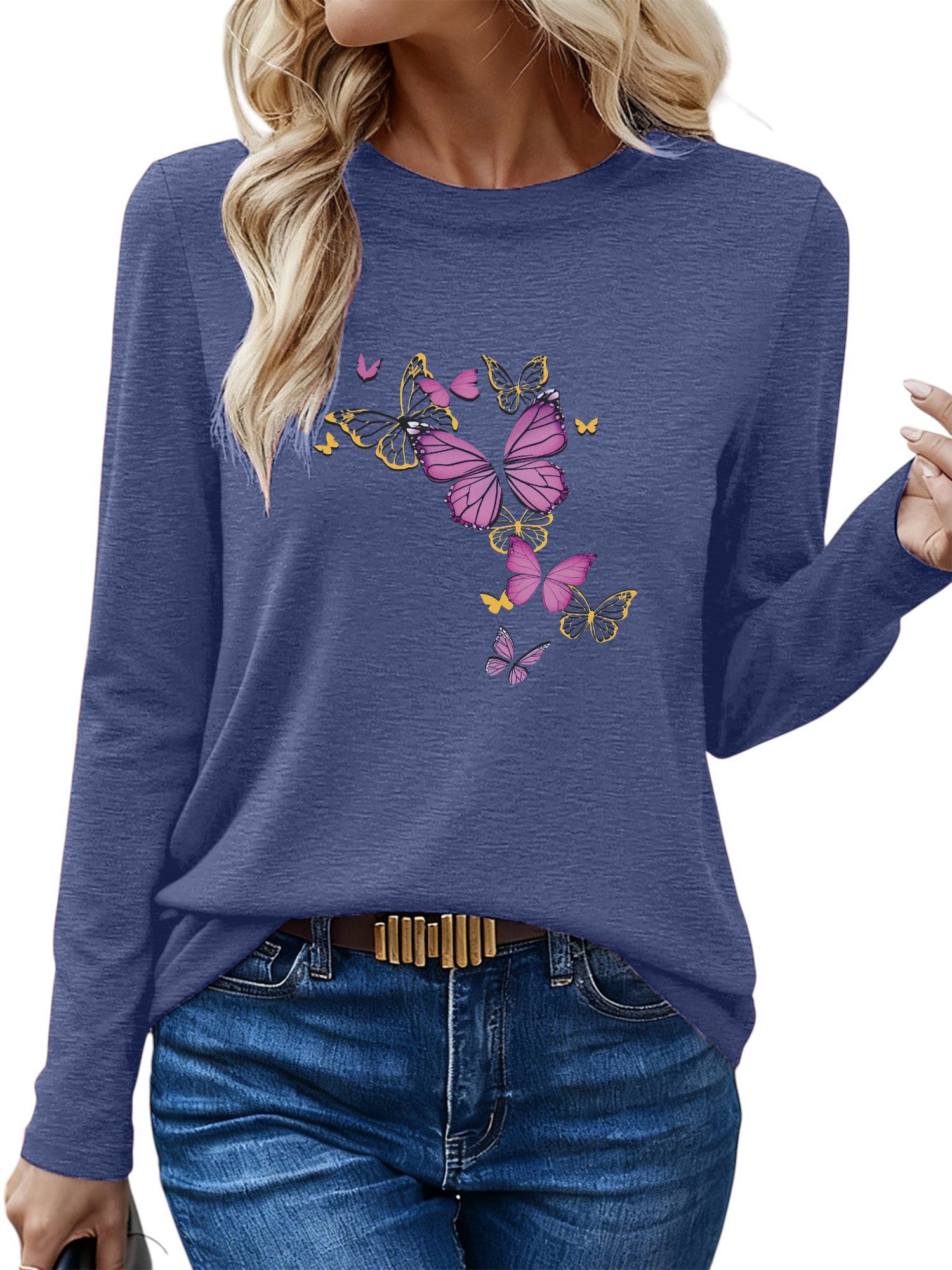 PYLIKE Longsleeve Shirts Damen Casual Schmetterling Ausgefallene bequemes L günstig online kaufen