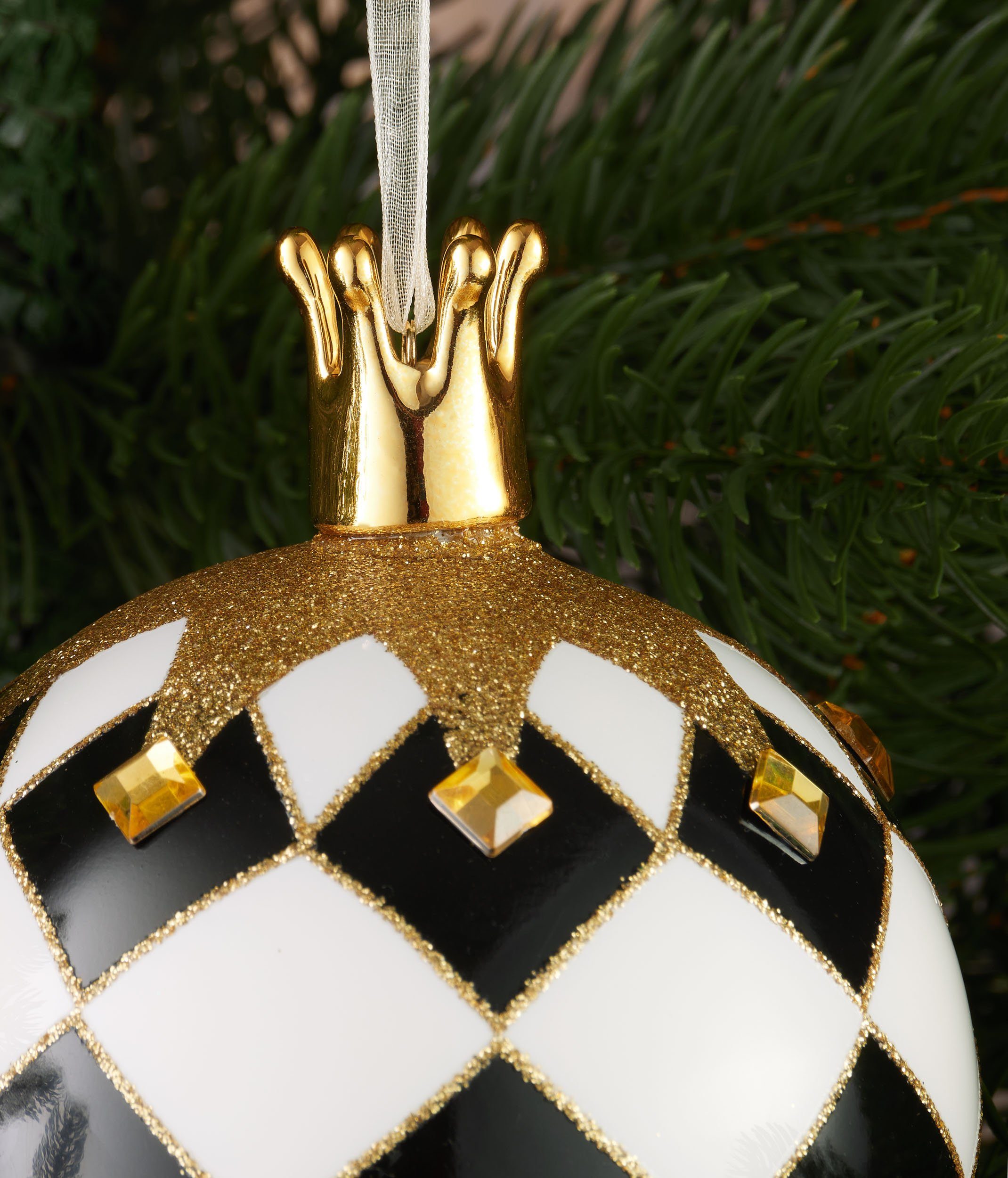 BRUBAKER Weihnachtsbaumkugel Premium Weihnachtskugel St), Handbemalte Krone mit Baumkugel Schach König, cm - Weihnachtsbaumkugel mit (1 Gold Schachbrett Christbaumkugel Muster 10