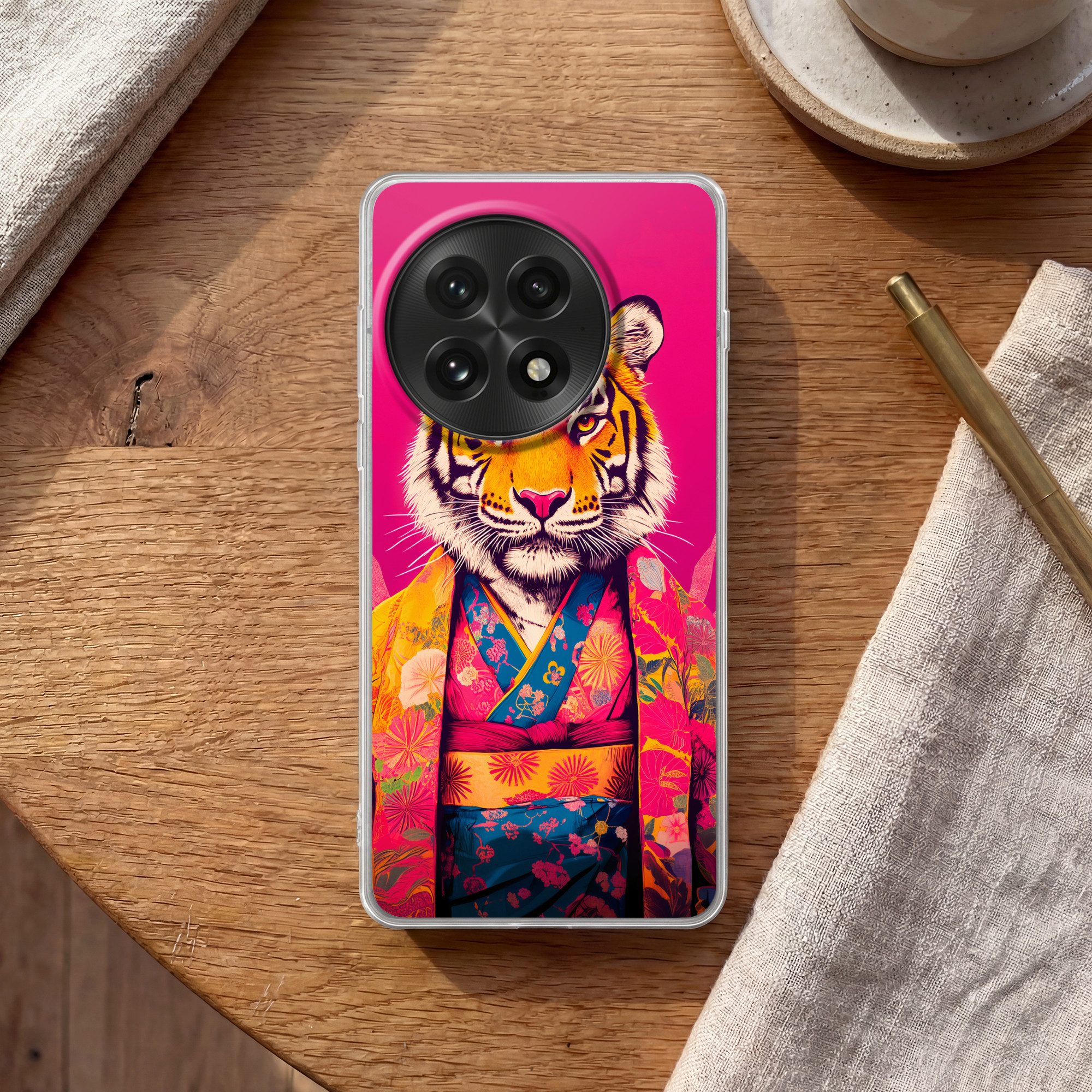 MuchoWow Handyhülle für OnePlus 13 Tiger - Kimono - Pflanzen - Rosa, Phone Case, Silikon, Schutzhülle Dünn