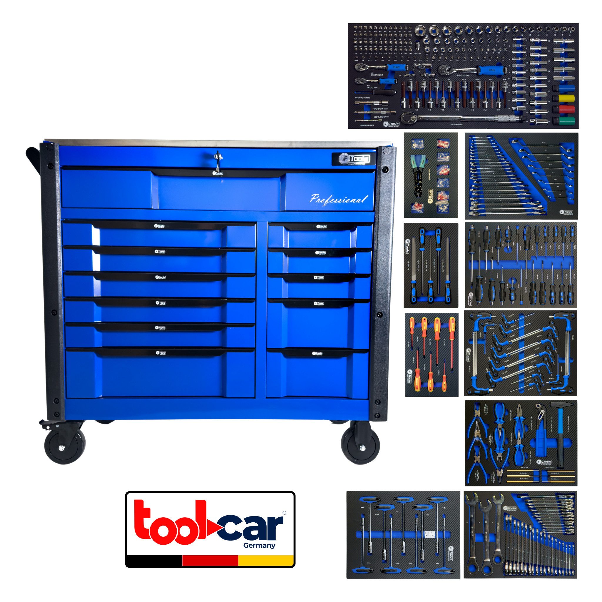 Toolcar Werkzeugwagen Тележка для мастерских befüllt bestückt – 12 Schubladen, Heavy Duty, XXL, Abschließbar mit 2 Schlüsseln, kugelgelagerte Rollen, Metallplatte, 305-tlg. Werkzeugset, (Werkstattwagen mit Werkzeug, Chrom-Vanadium Werkzeug, übersichtlich in Schaumstoffeinlagen), Robust, mobil, abschließbar – ideal für Werkstatt & Garage