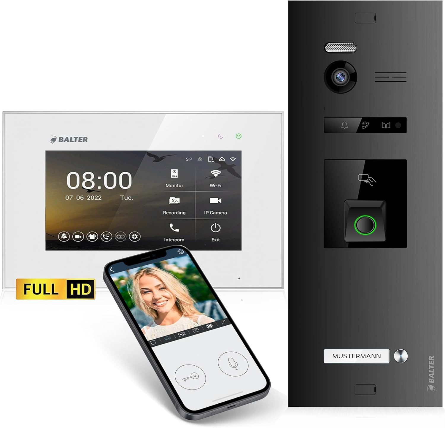 Balter Video-Türsprechanlage EVO HD Fingerprint RFID und App für 1 Familienhaus, 1x Monitor (Einfamilienhaus, Komplettset, 1-tlg., App, Fingerprint, RFID, 2-Draht-Bus)