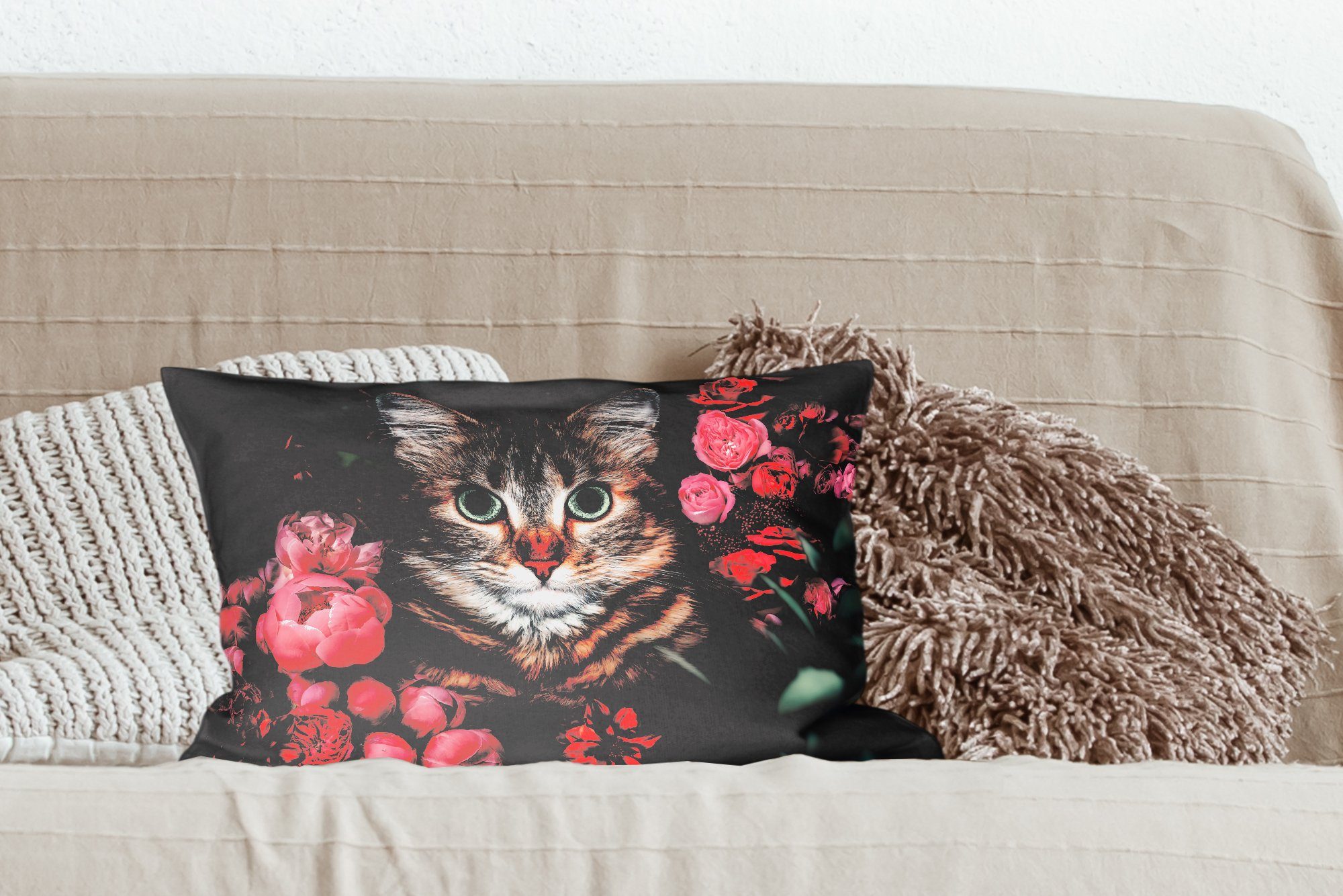 mit Katze Wohzimmer Botanisch, Dekokissen Dekoration, - Füllung, - MuchoWow Schlafzimmer - Zierkissen, Blumen Blätter Dekokissen