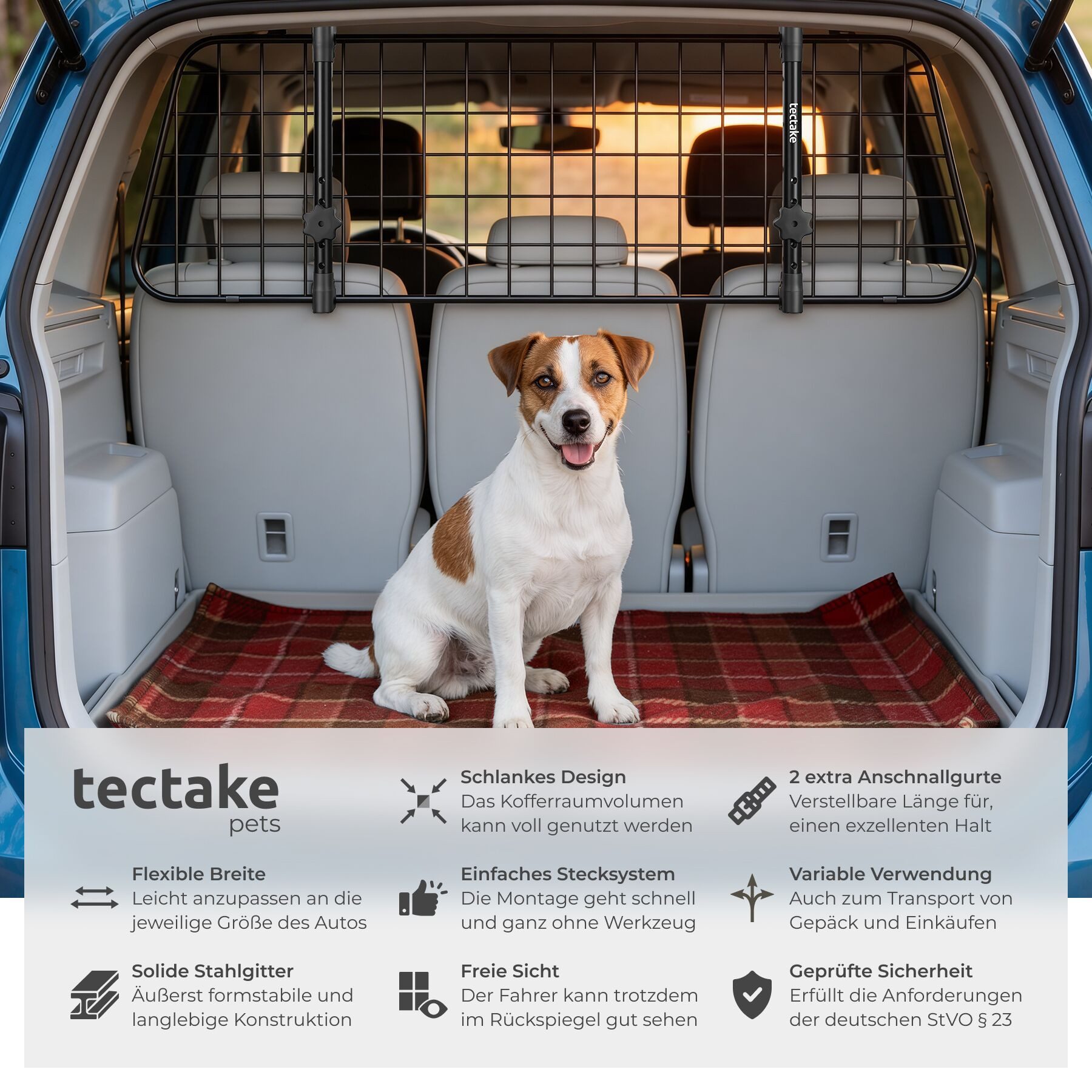tectake Hundegitter Kofferraumtrenngitter breitenverstellbar mit Variabler Breite (Komplettset, 91,5 x 30,5 x 5 cm), Mobiler Kofferraumschutz mit einfachem Stecksystem, 2 Anschnallgurten