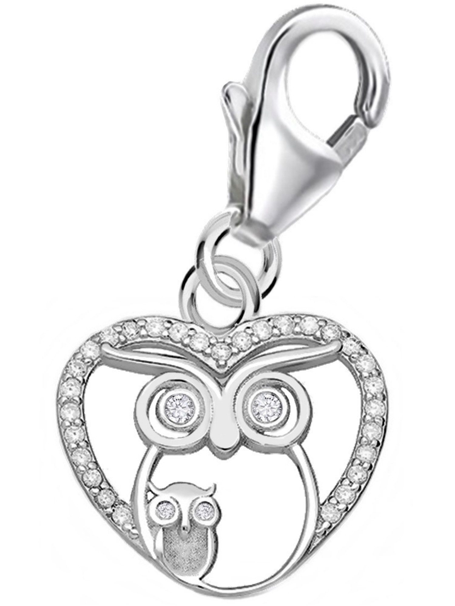 Charm Herz Eule Herz Zirkonia Kristall Karabiner Charm Anhänger 925 Silber Vogel